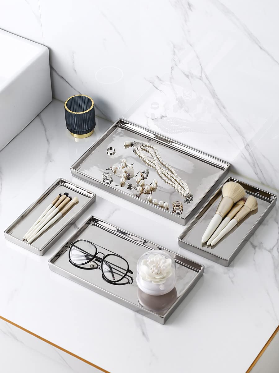 Redelaenor Ceramic Trinket Tray Rectangte Vanity Jewelry Organizer Makeup Mirror Tray Silvery Medium