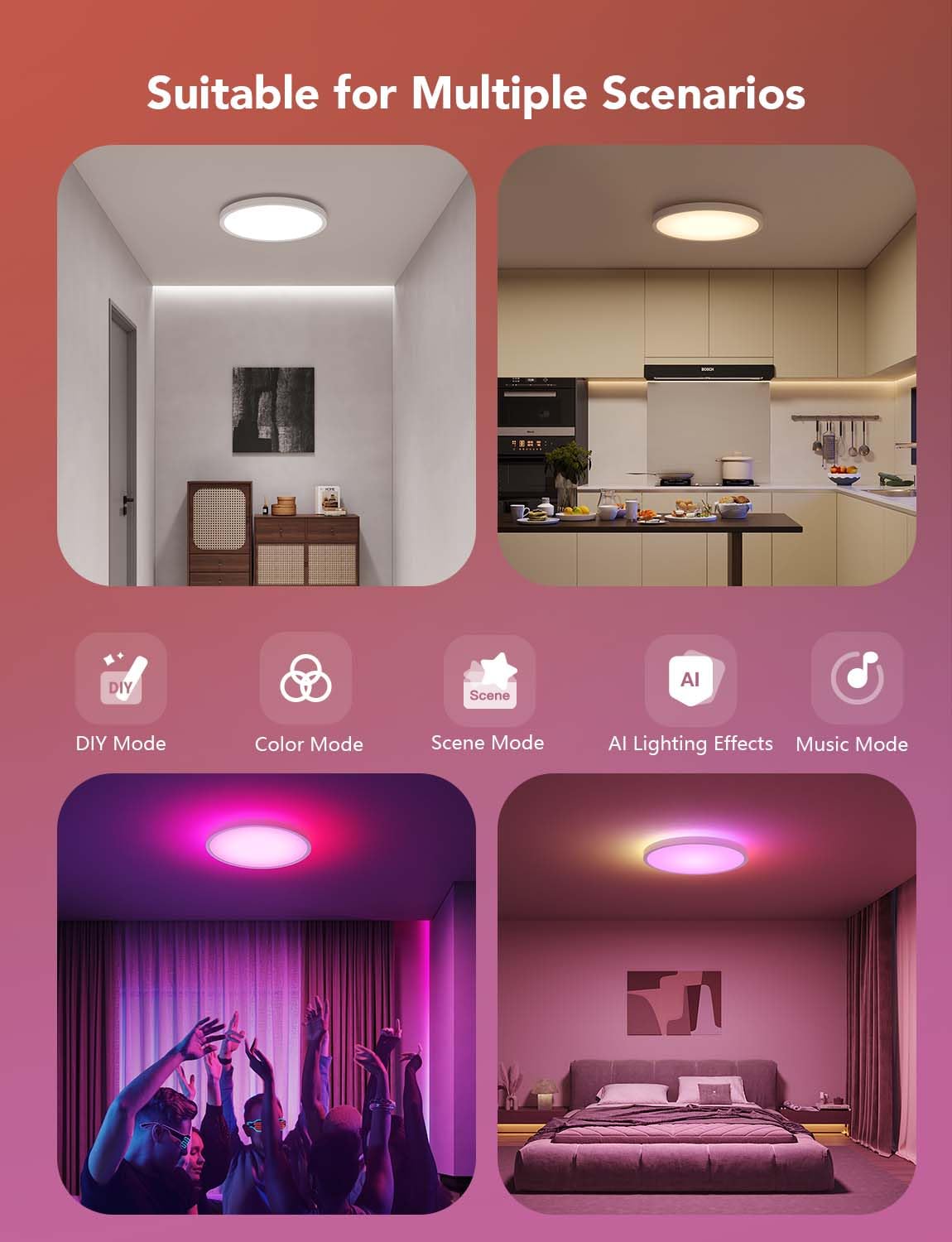 Govee Smart Ceiling Light, RGBIC LED Ceiling Light Fixture, 2400LM Flush Mount Light Fixture, DIY Colors, Works with Alexa, 2700K-6500K Lights for Bedroom, Living Room,12 Inch, 1 Pack (White)
