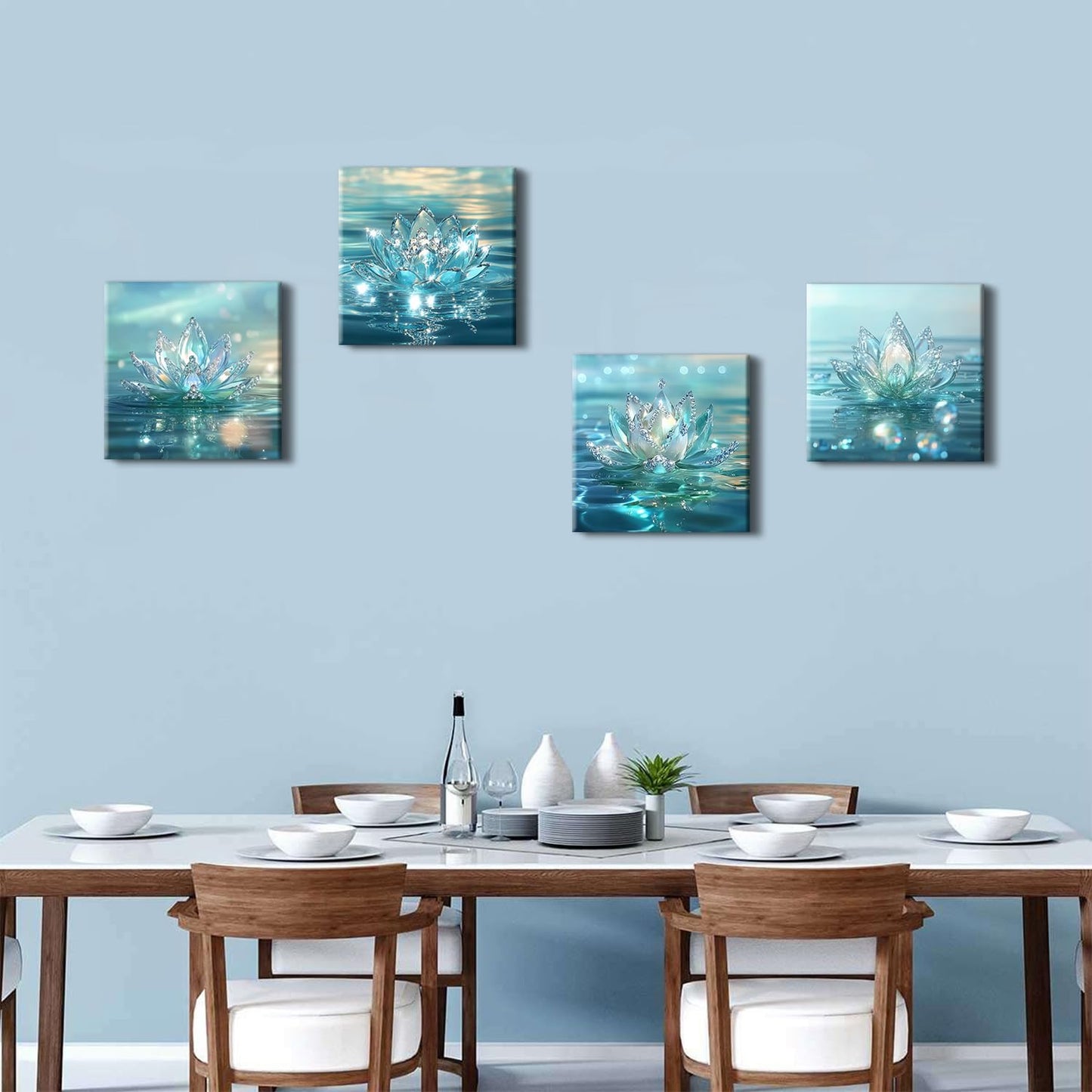 Lotus Flower Wall Art Teal Bathroom Wall Decor Zen Picture for Walls Canvas Prints Paintings Spiritual Meditation Wall Decor Turquoise Water Flowers Poster Yoga Room Artwork Decorations 12x12" 4Pcs