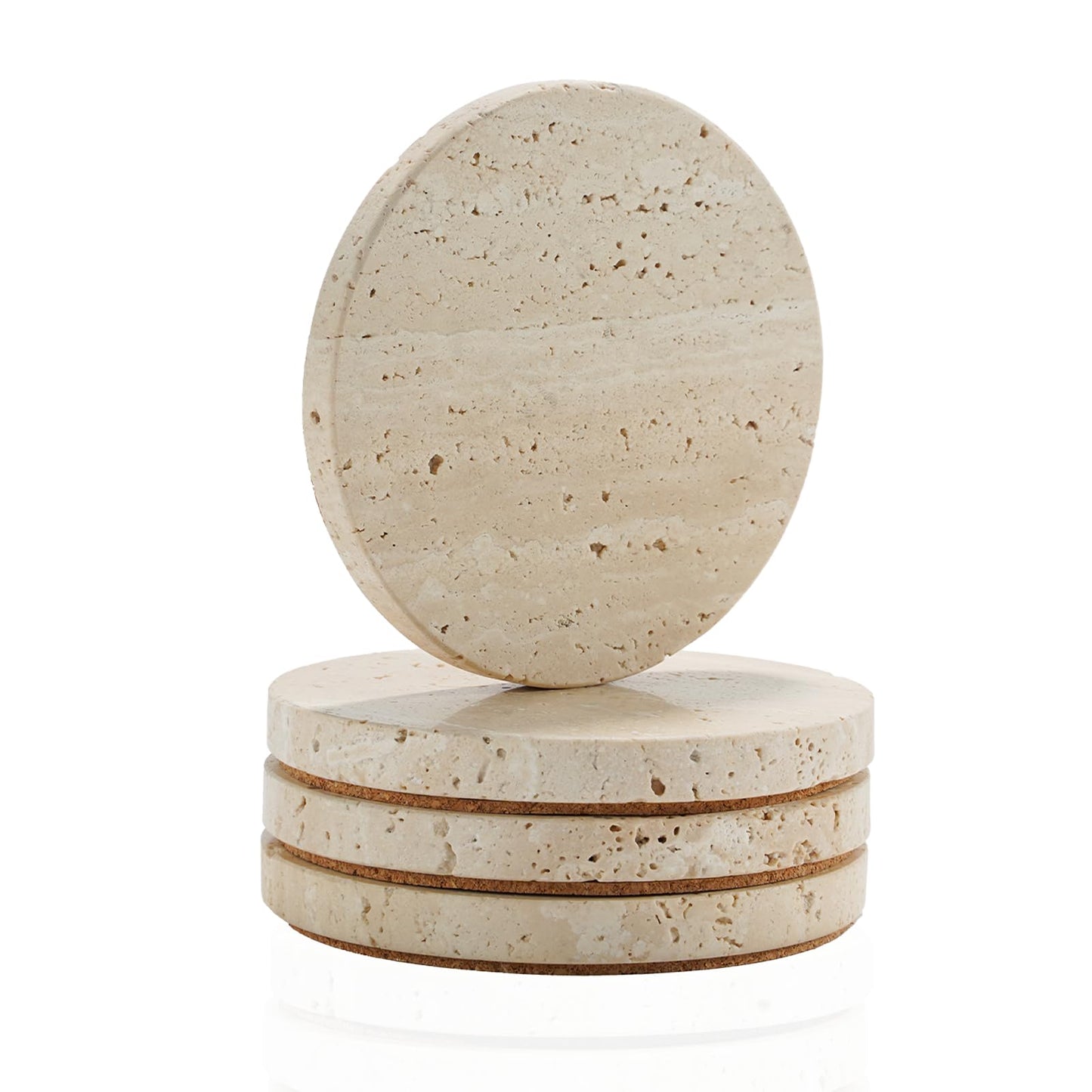 4-Inch Beige Travertine Coasters Set of 4 - Natural Limestone Drink Coasters with Non-Slip Cork Backing, Protect Countertops from Stains and Scratches
