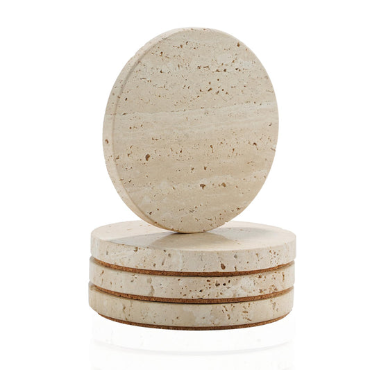 4-Inch Beige Travertine Coasters Set of 4 - Natural Limestone Drink Coasters with Non-Slip Cork Backing, Protect Countertops from Stains and Scratches