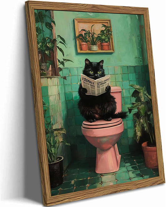 Funny Bathroom Cat Wall Art, Humorous Black Cat Restroom Wall Decor Paintings, Funky Animal on Toilet Reading Newspaper Canvas Prints Artwork 12x16 inch Wood Framed