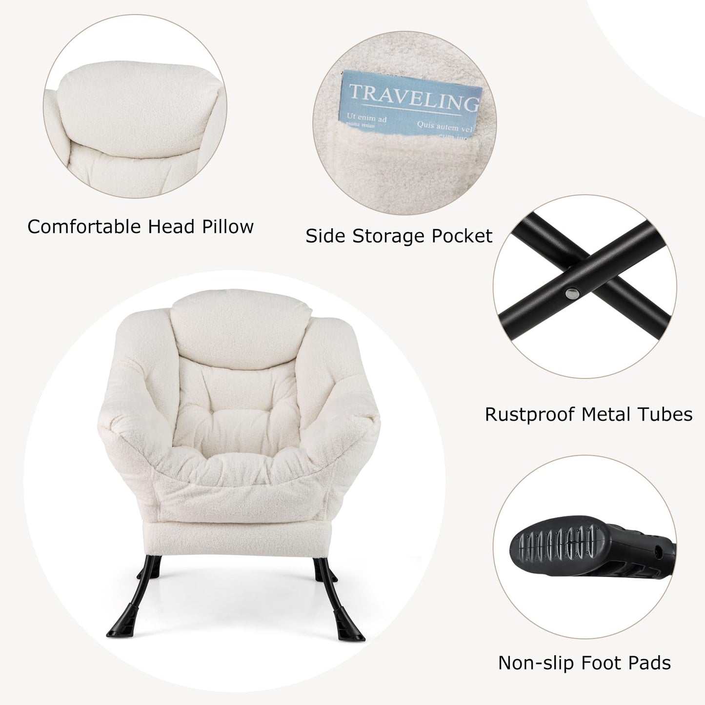 Giantex Lazy Chair with Folding Ottoman, Modern Sherpa Accent Chair w/Steel Frame, Armrests & Pocket, Upholstered Single Sofa Chair Set, Leisure Reading Lounge Chair for Living Room Bedroom (White)