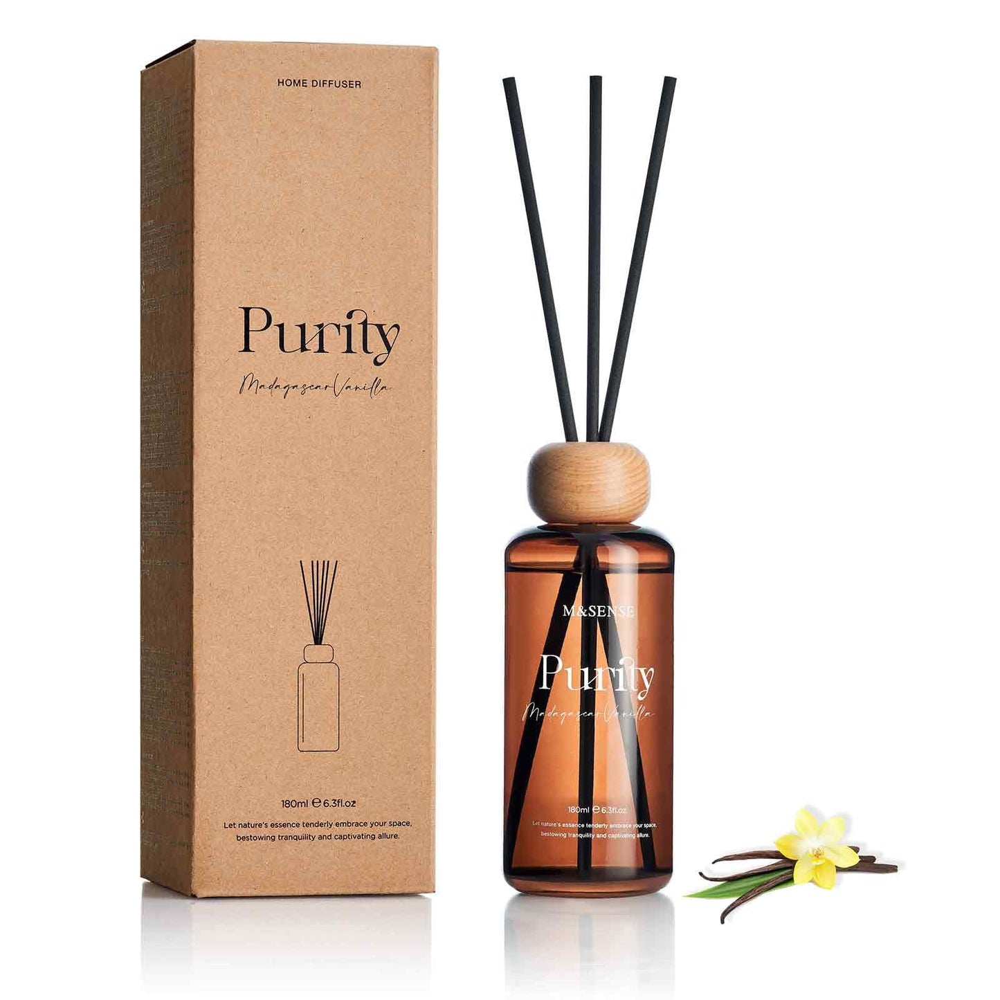 M&SENSE Reed Diffuser Set, Madagascar Vanilla Scented 6.3 fl oz Natural Essential Oil Diffusers with Sticks, Non-Toxic Organic Air Freshener, Long-Lasting Fragrance Oils for Living Room Bedroom