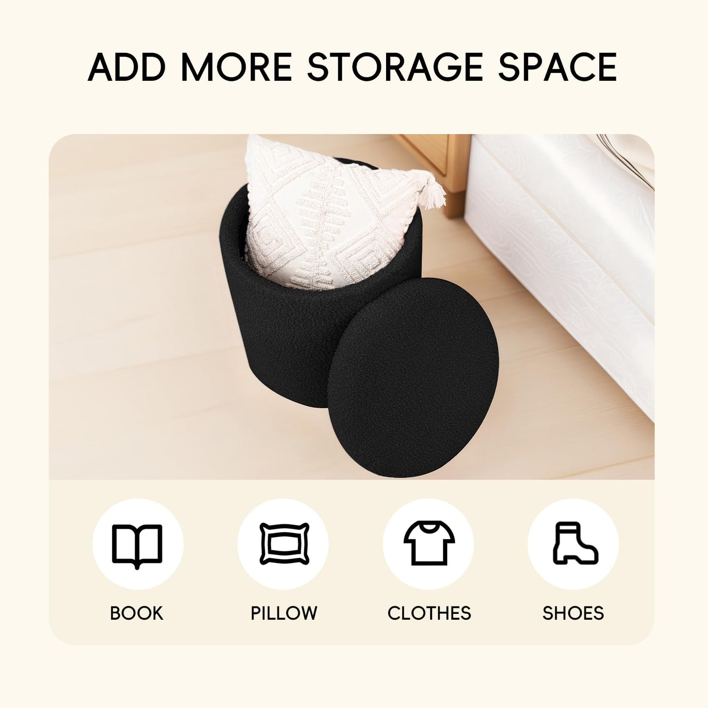 PINPLUS Ottoman with Stroage Round Boucle Ottoman and Tray Sherpa Removable Foot Stool Coffee Table for Dorm, Living Room Black, 16.9"x16.9"x17.7"