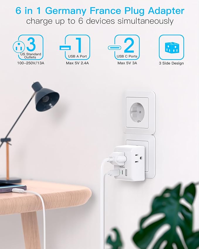 2 Pack Germany France Travel Plug Adapter with 3 Outlets 1 USBA 2 USB C, One Beat Type E/F International Power Adapter, Travel Essentials US to Europe France Germany South Korea Netherlands