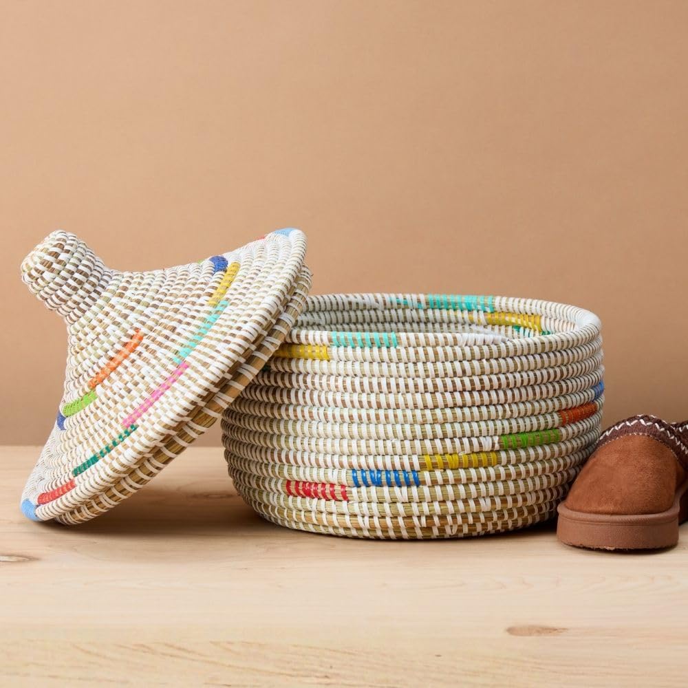 Decorative African Wicker Basket with Lid, Colorful Pattern on White, Hooded, 10 Inch Wide