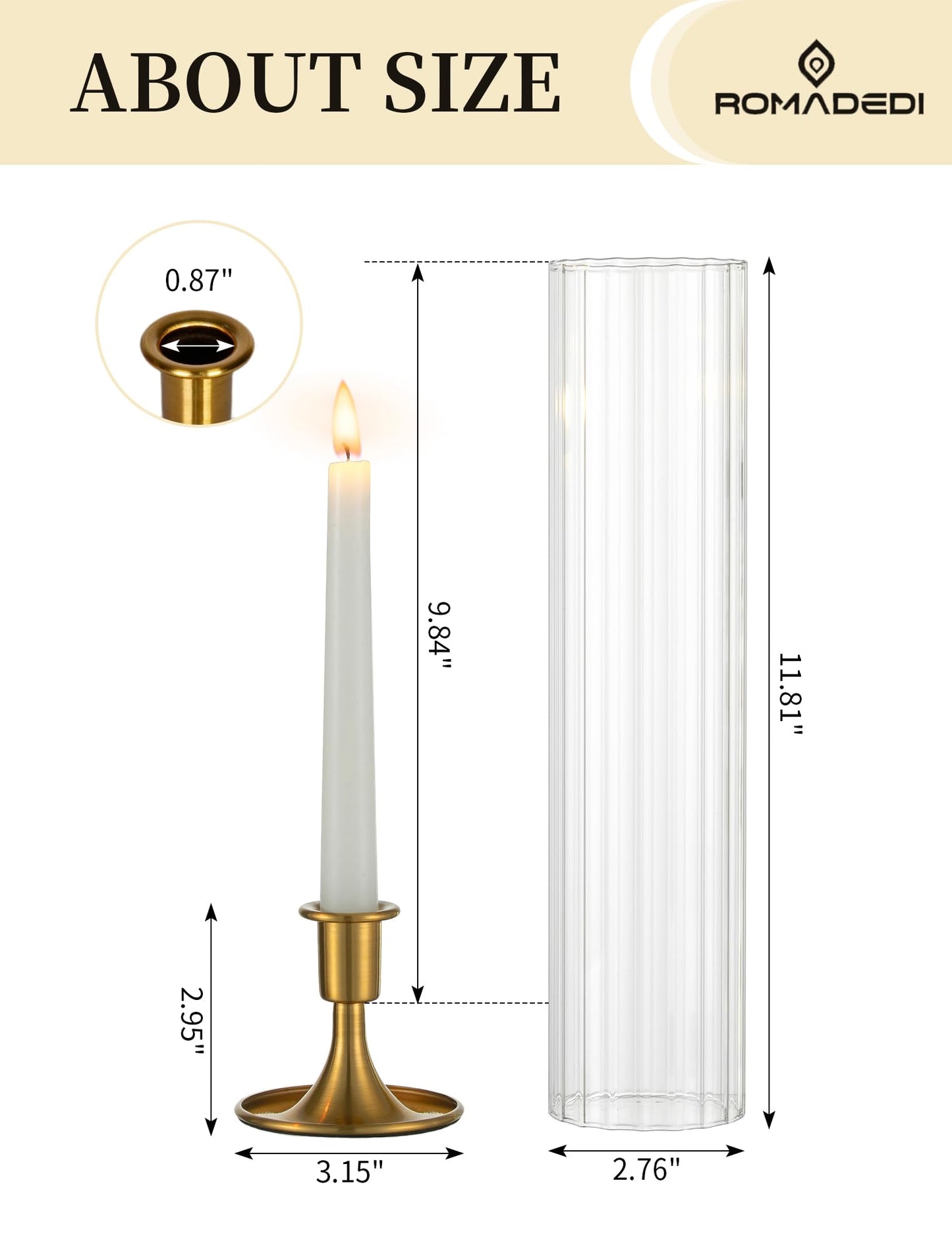 Romadedi Hurricane Glass Candle Holder: Set of 10 Gold Taper Candle Sticks Holder with Ribbed Cylinder Cover & Weighted Base for Table Centerpiece Wedding Christmas Party Outdoor