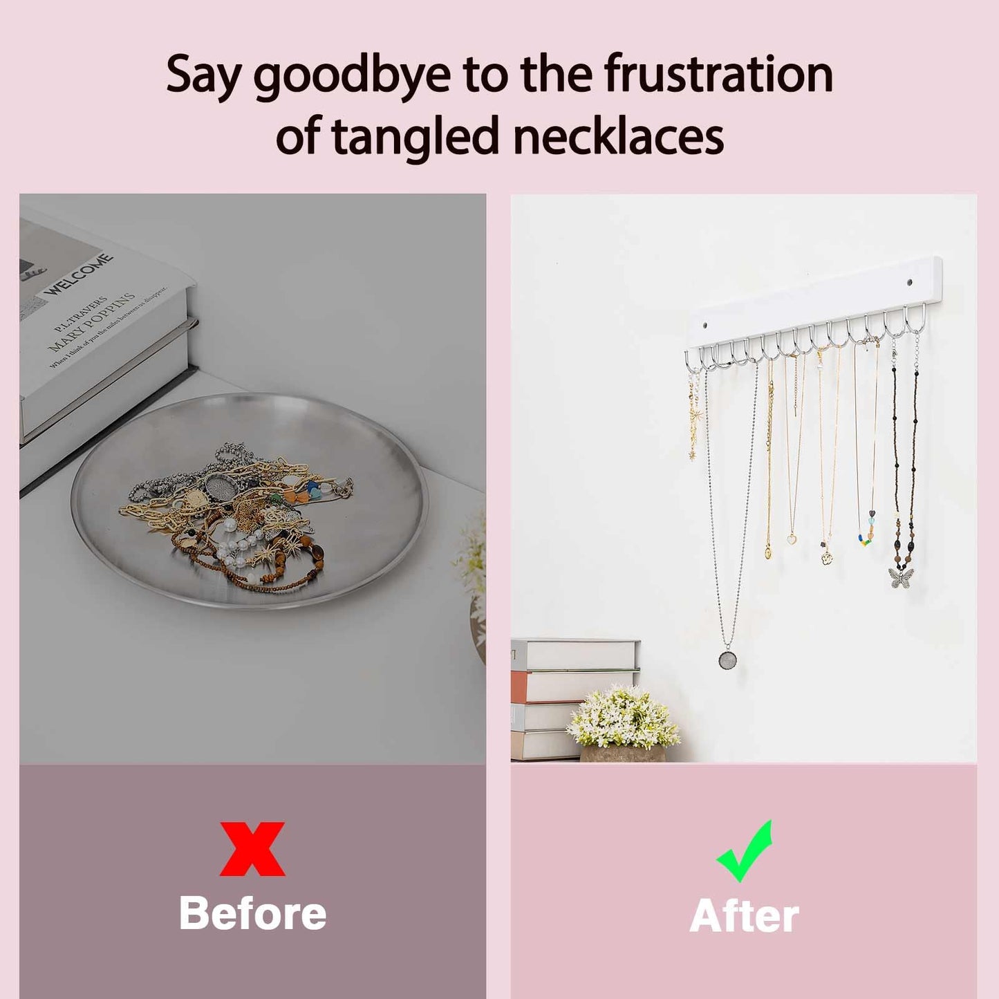 SCUNDA Hanging Jewelry Organizer Wall Mounted, Modern Jewelry Display with 28 Hooks, Decorative Necklace Holder for Wall, Space Saving Necklace Hooks, (2 Packs, White)