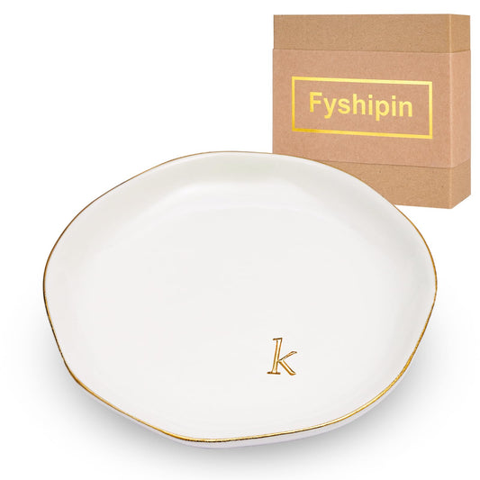 Fyshipin Ceramic Jewelry Tray,Decorative Trinket Dish for Room Decor,Birthday Valentine's Day Mother's Day Graduation Christmas Personalized Gift for Women, 4.75", Gold Rim,Engraved Initial k