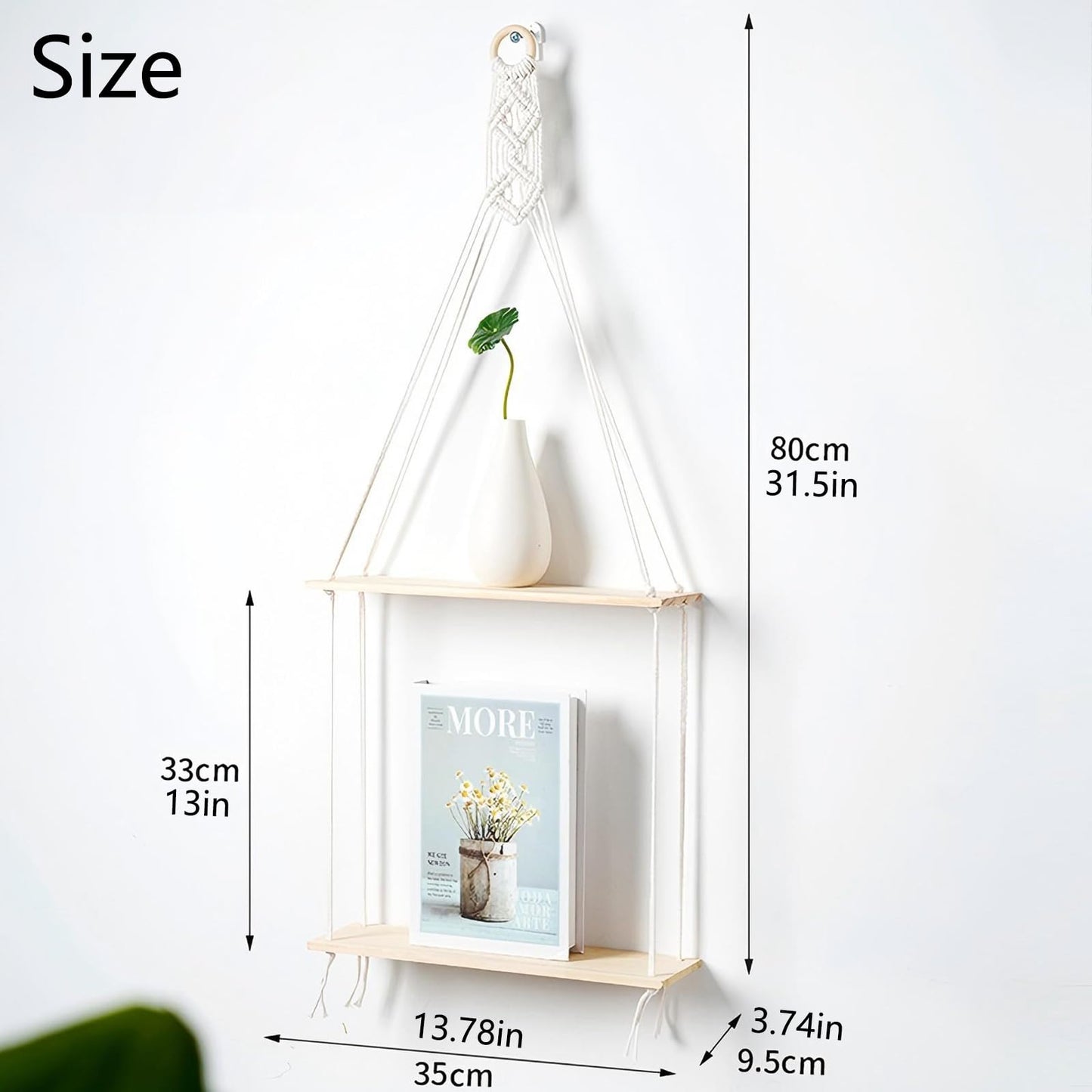 Macrame Floating Shelves for Boho Wall Decor - No Drilling Wooden Wall Shelves with Adhesive Hooks & 2-Tier Design - Decorative Storage Shelf for Bedroom, Living Room, Easy to Install (2 Tier)
