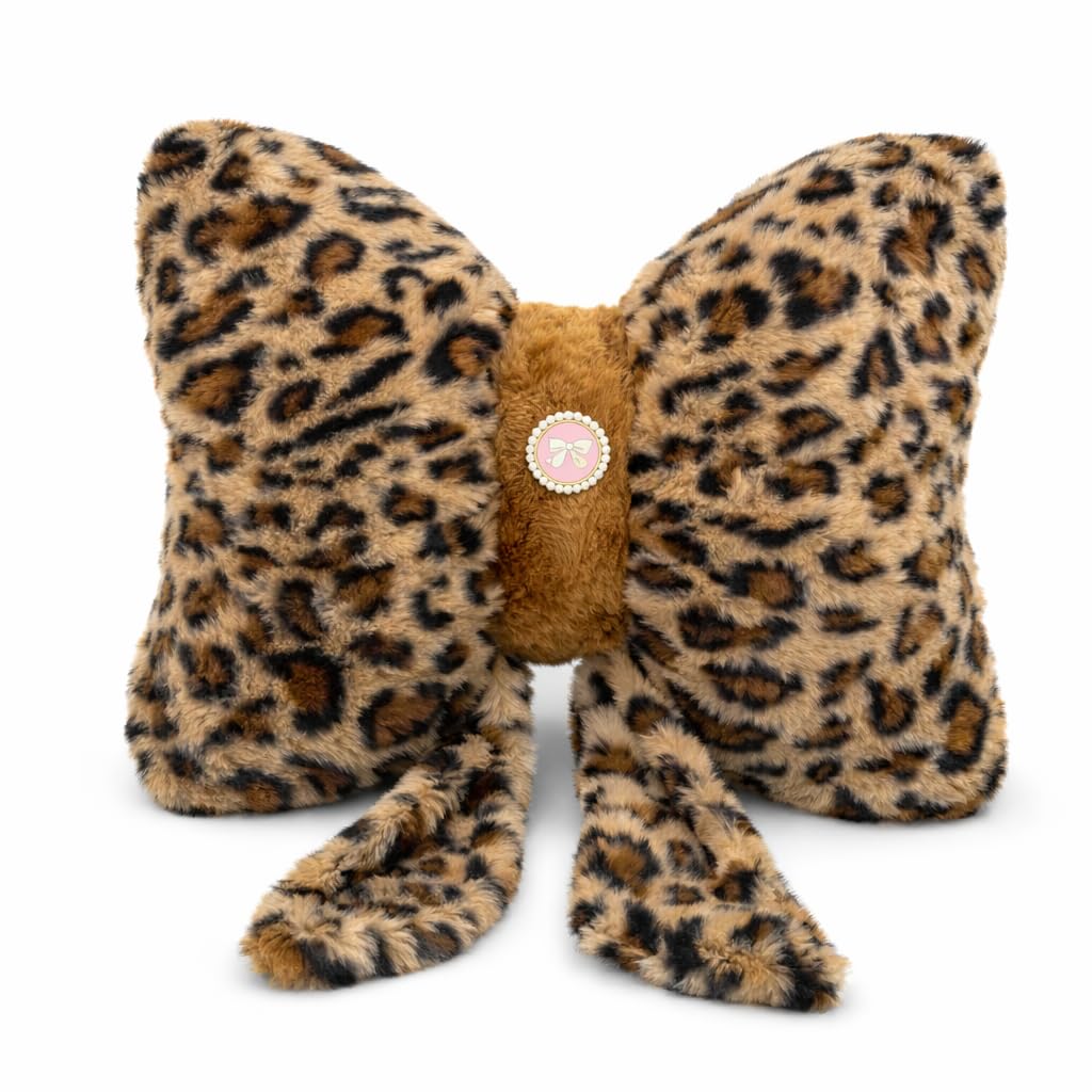 Teyeuf Leopard Print Bow Pillow 12x9 Inch, Cute Plush Bow Shaped Decorative Pillow with Back Strap, Animal Print Room Decor for Bedroom Chair Couch Car