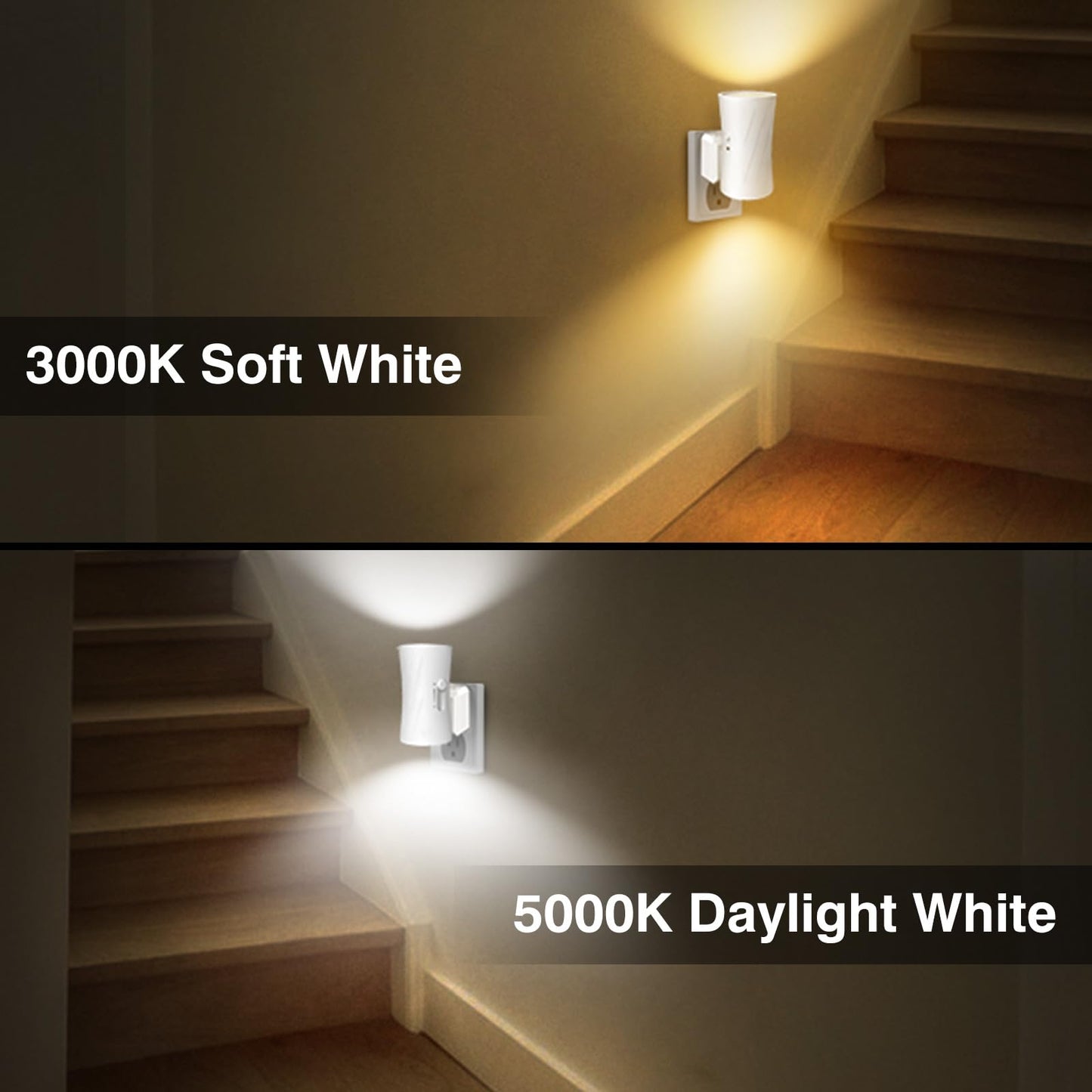 Led Night Lights Plug into Wall, 3000K/5000K Switchable, 2 Pack, Plug in Night Light, 0-100LM Dimmable Night Light, Modern Nightlights, Dusk To Dawn Sensor for Bedroom Bathroom Kitchen Stairs