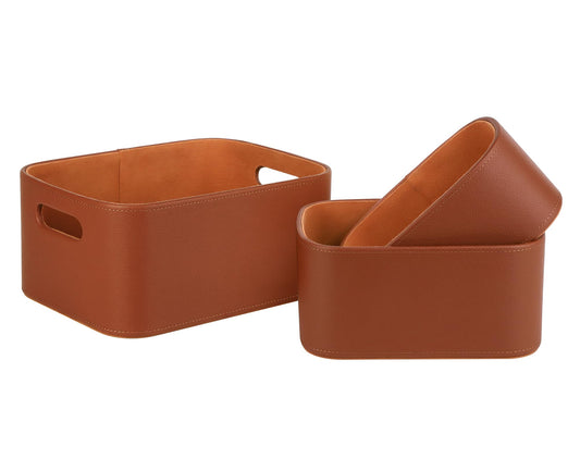 HofferRuffer Faux Leather Storage Baskets Bins with Velvet Lining for Organizing, Storage, Gifts, Set of 3 Nesting Shelf Baskets Decorative Storage Boxes for Home Organization (Brown)