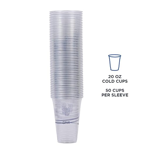 ECO PRODUCTS BlueStripe Recycled 20oz Plastic Cups, Case of 1000, Made from 30% Post-Consumer Recycled Plastic Bottles, Recycled PET (rPET) For Cold Drinks & Snacks, Clear For Visibility
