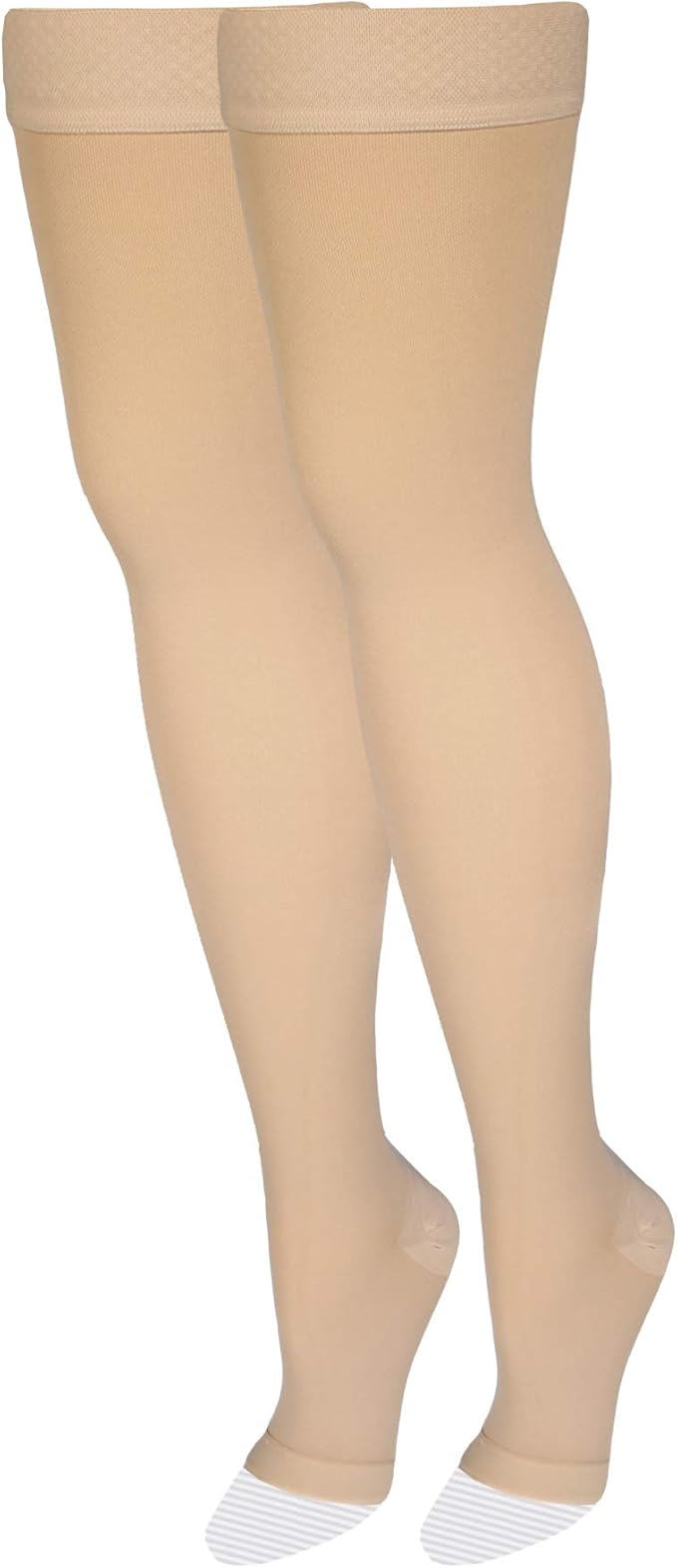 Amazon Basic Care Medical Compression Stockings, 20-30 mmHg Support, Women & Men Thigh Length Hose, Open Toe, Beige, X-Large (Previously NuVein)