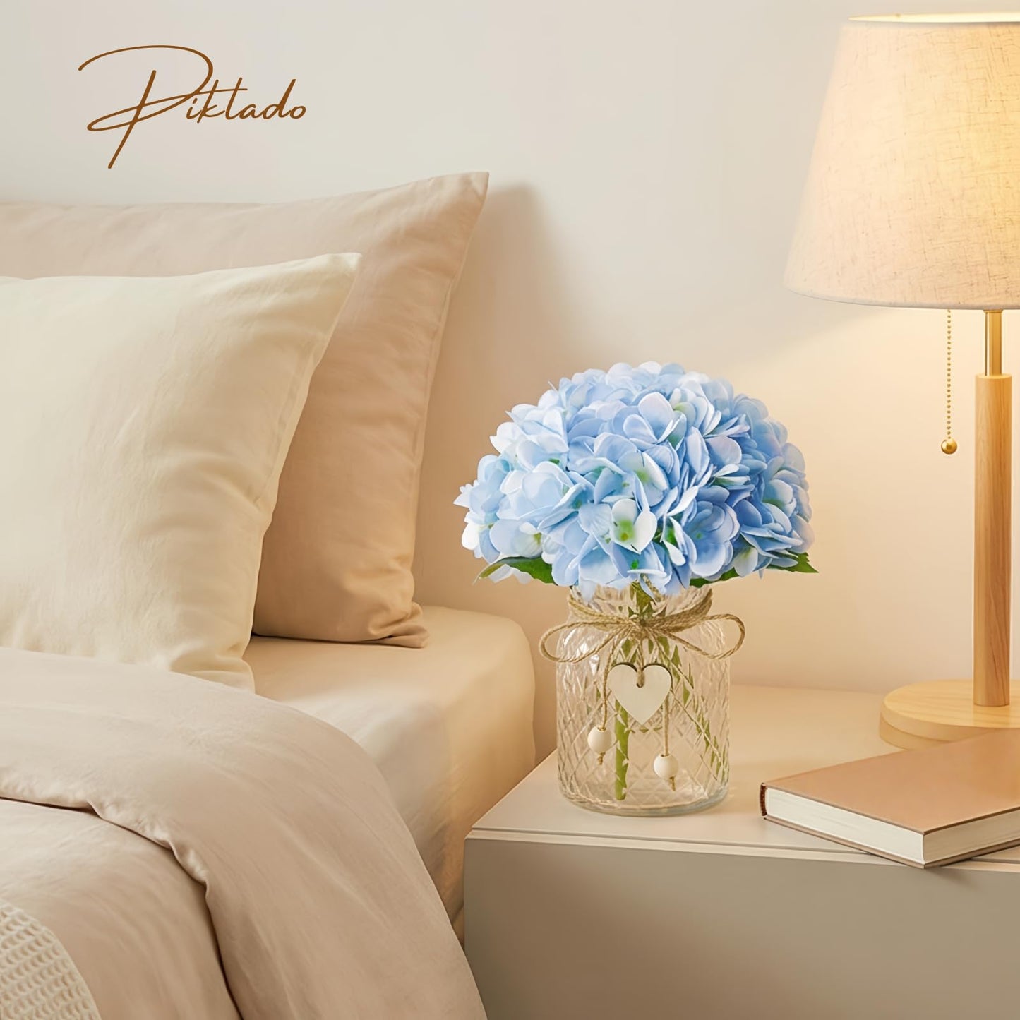 Piklado Hydrangea Artificial Flowers in Vase Silk Fake Flowers with Glass Vase Bohemian & Ins Style Faux Hydrangea with Glass Bottle Set for Home Office Bathroom Decoration (Blue)