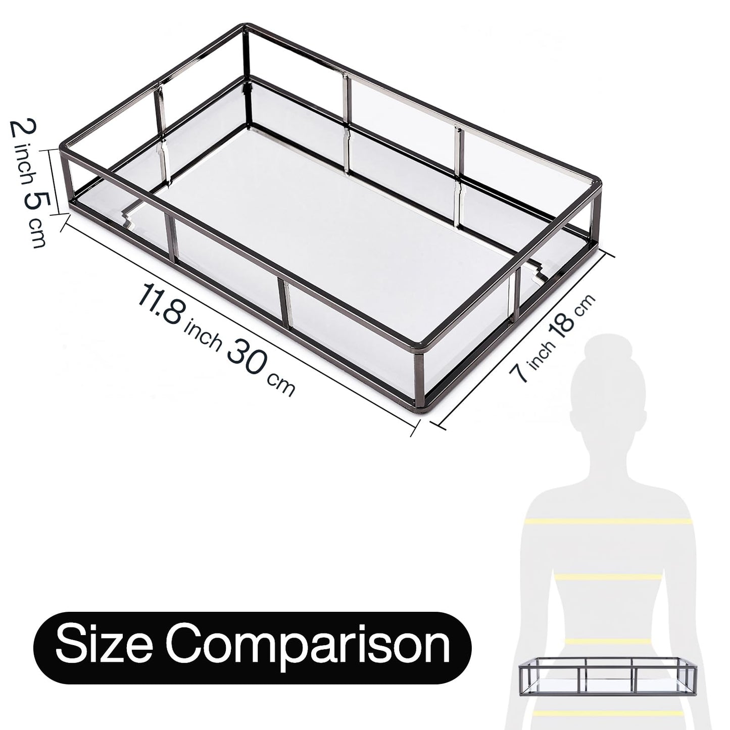 PuTwo Mirror, Smoky Black, Metal, Jewelry, Decorative, Glass, Perfume Organizer, Vanity Trays for Bathroom, Counter, 1272 inch