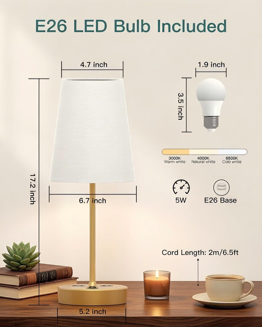 Addtam Bedroom Table Lamp, Bedside Lamp with AC Outlet and USB C Charging Ports(PD 20W), 3-Way Dimmable Lamp with Switch, Lamps with Shade for Night Stands, Living Room, Desk, and Home Office, 6.5Ft