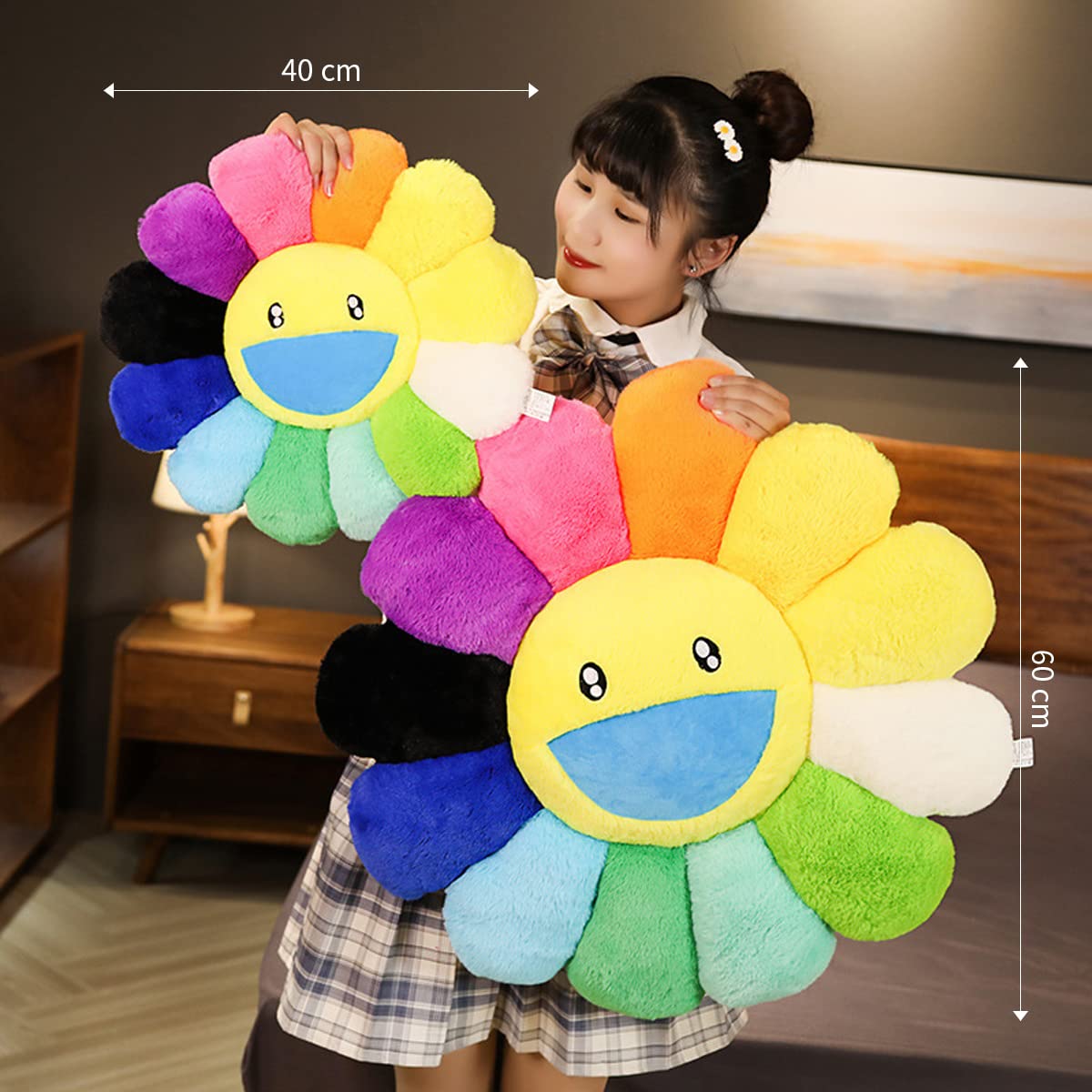 FIONOUT 2 Pack Sunflower Plush Pillow with Smiling Face - Fluffy Flower Cushion for Girls, Soft Decorative Pillow for Floor, Bed, Couch or Car Seat Gift