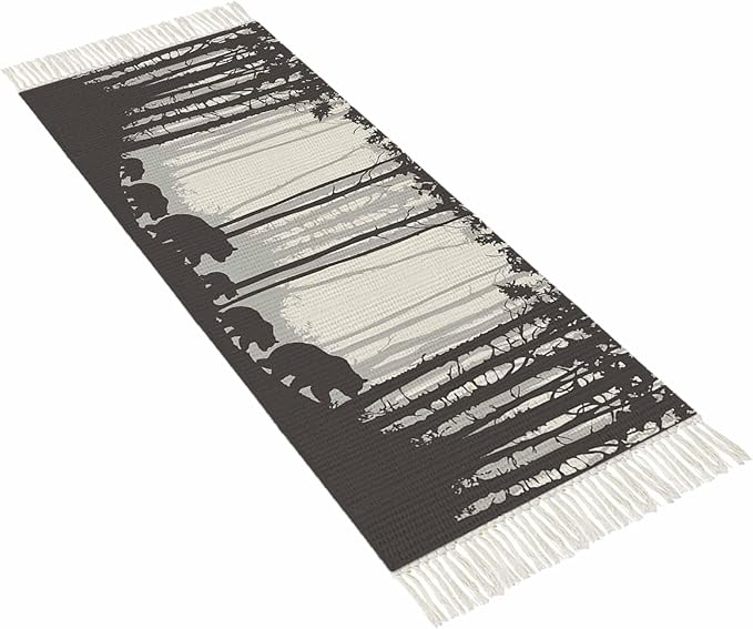Rustic Bear Hallway Runner Rug 2X6 Ft Kitchen Carpet, Washable Woven Forest Animal Rustic Cabin Throw Carpet with Tassel, Non-Shedding Farmhouse Vintage Nature Scenery Art Bedroom Laundry Rugs