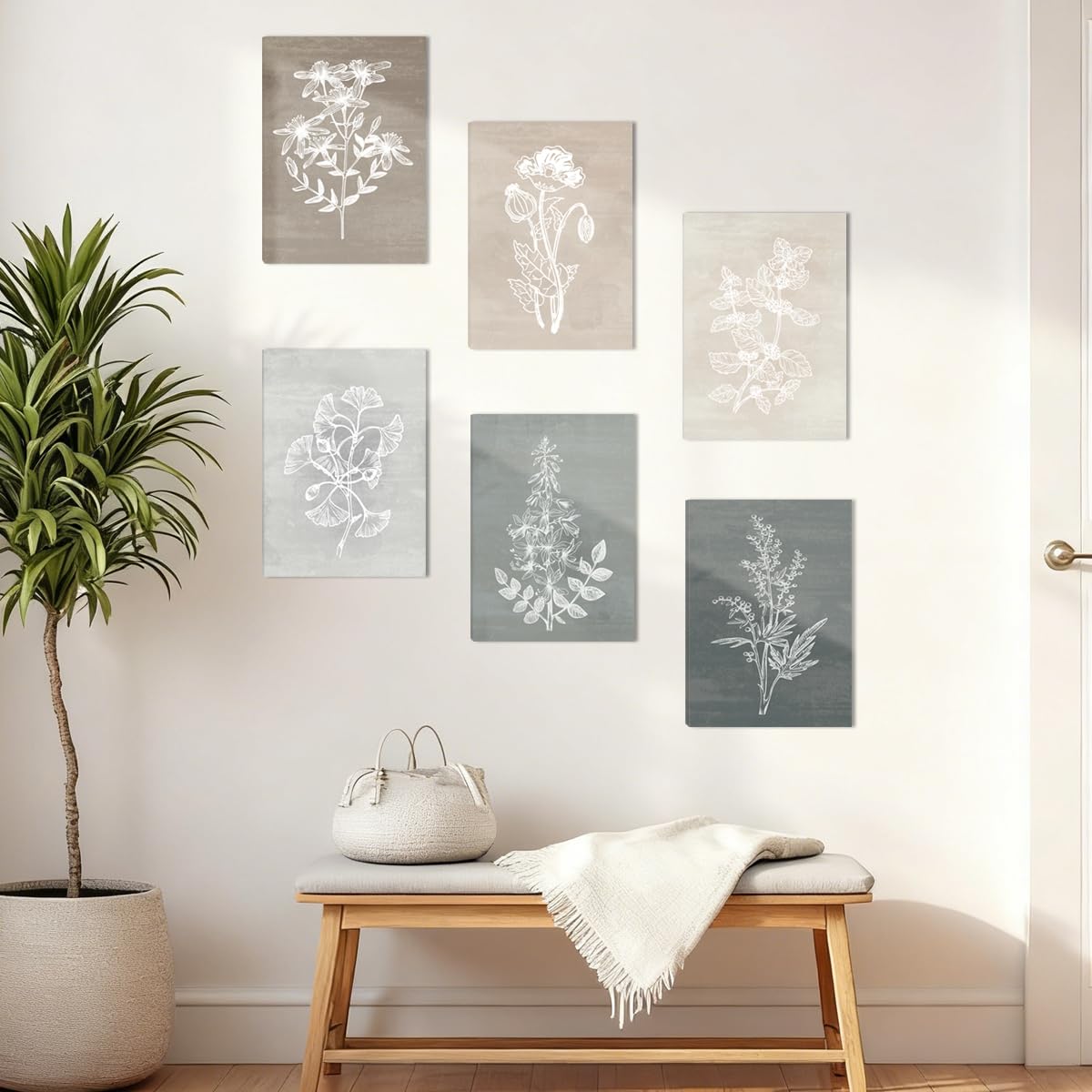 BINCUE Neutral Botanical Plant Canvas 6 Pieces Wall Art Rustic Wall Decor Farmhouse Wall Paintings Botanical Prints Simple Plants Wall Pictures Minimalist Flower Decor for Living Room Bedroom Bathroom Office Dining Room 12"x 16"