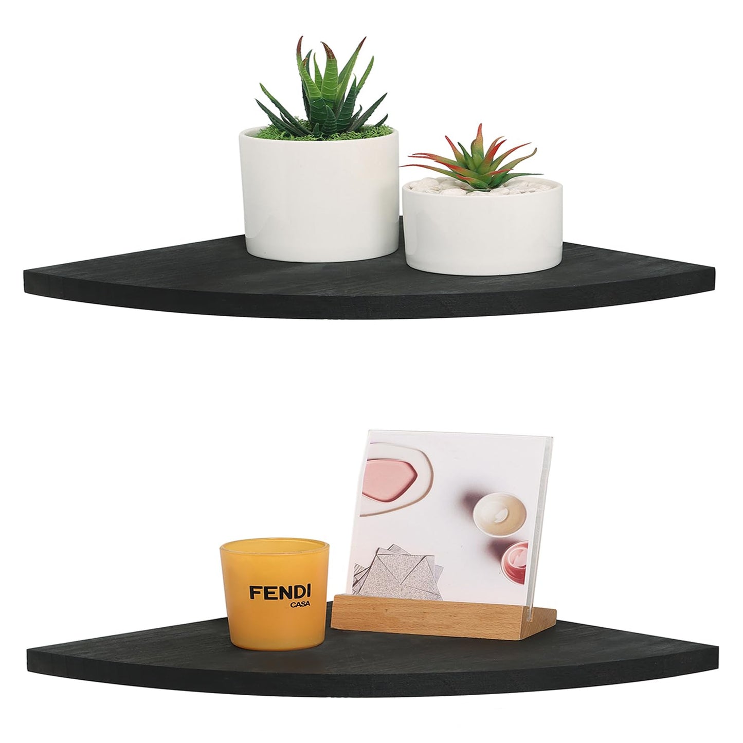 JORIKCHUO 10 inch Corner Shelf, Set of 2 Solid Wood Corner Floating Shelves for Wall, Round End Wall Mounted Floating Shelf for Bedroom, Living Room and Kitchen (Black-10 inch)