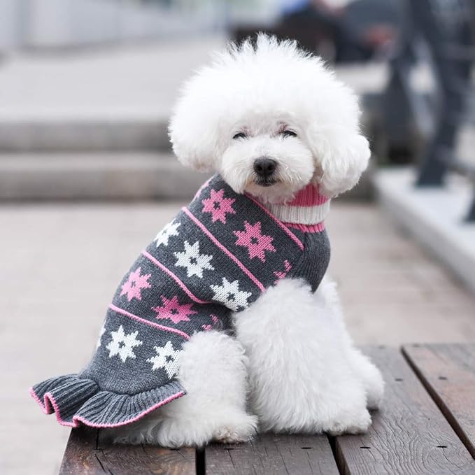 KYEESE Dog Sweater Warm Dogs Clothes Fall Winter Pet Coats Dog Sweater Dress with Classic Snowflake Pattern for Small Dogs Turtleneck Pullover Knit for Girl Pet Sweater with Leash Hole, Grey, Medium