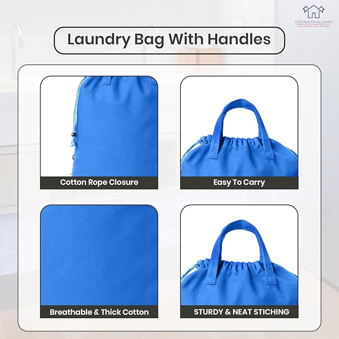 LFH Home Large Premium Cotton Canvas Laundry Bag with Drawstring and Handles Heavy Duty, Multi-Use, and Washable for Home, Travel, College or Storage 28x 40 (Pack of 6)-Sky Blue