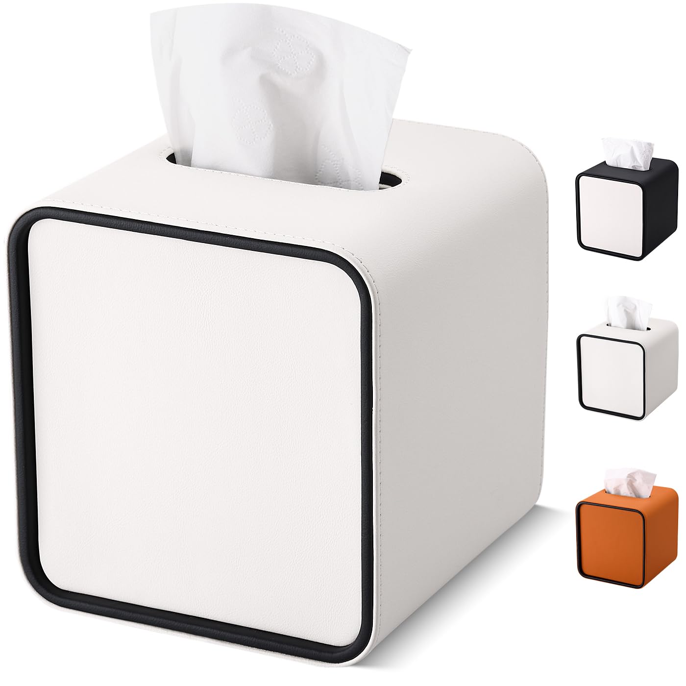 GORESE Tissue Box Cover Square Tissue Box Holder for Kleenexs, PU Leather Tissue Cover Cube Decorative Tissue Holder for Bathroom Bedroom Living Room Office, Cream White