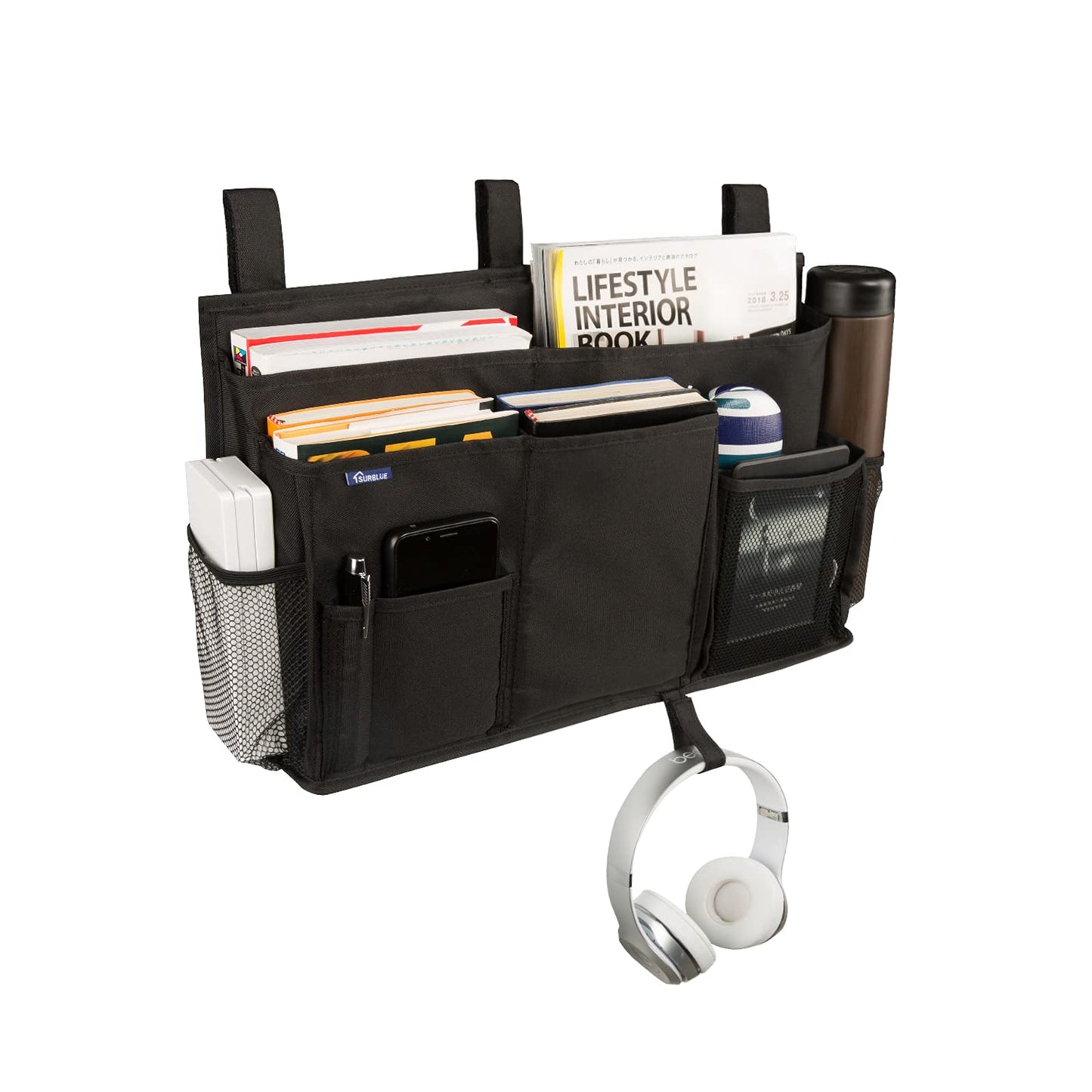 Surblue Caddy Hanging Organizer Bedside Storage Bag for Bunk and Hospital Beds, Black, L