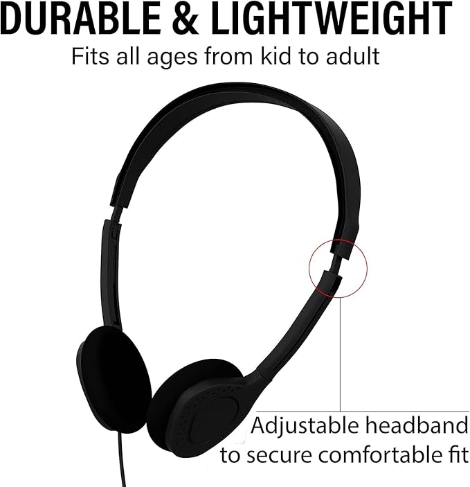 Maeline Bulk Classroom Student Headphones On Ear Stereo Headphones Flexible Adjustable Band for Kids Online Learning, Library, School, Airplane, Travel - 3.5mm Plug - 1000 Pack - Black