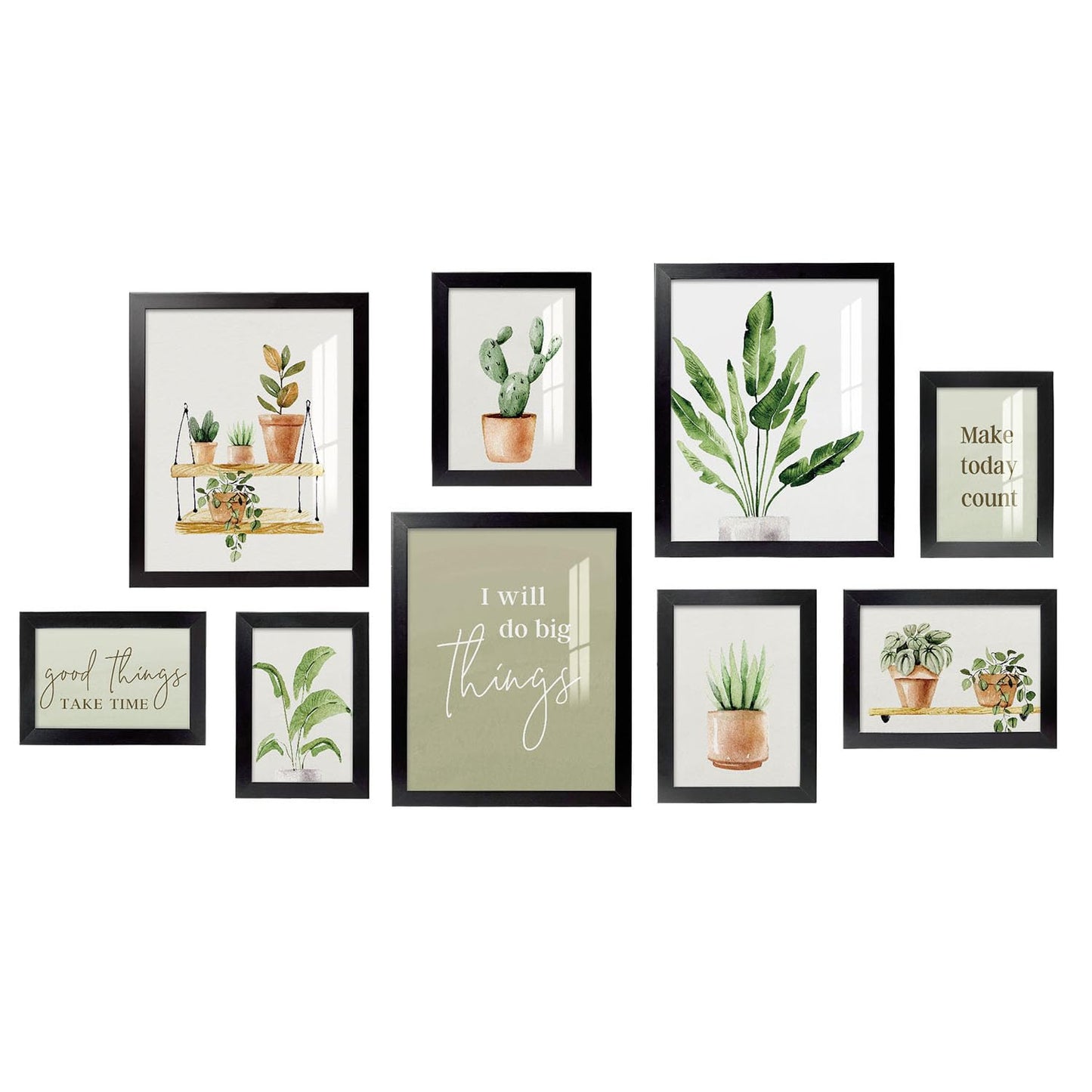 ArtbyHannah 9-Piece Botanical Gallery Wall Art Set, Sage Green Plant Prints with Black Frames, Neutral Decor for Modern Living Room Bedroom Staircase Nursery