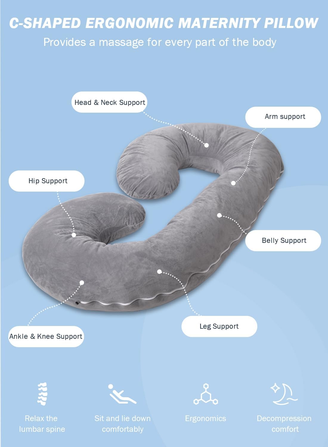 INSEN Pregnancy Pillow for Sleeping, Maternity Pillow with Jersey Cotton Cover,C Shaped Body Pillow for Pregnant (Gray)