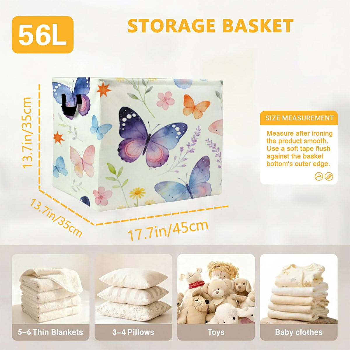 Fancy Butterfly Laundry Hamper 56L Large Laundry Basket with Handles, Foldable Clothes Hamper for Bedroom Bathroom, Decorative Toy Storage Bin, Home Decor Organizer for Blankets, Towels & Toys.