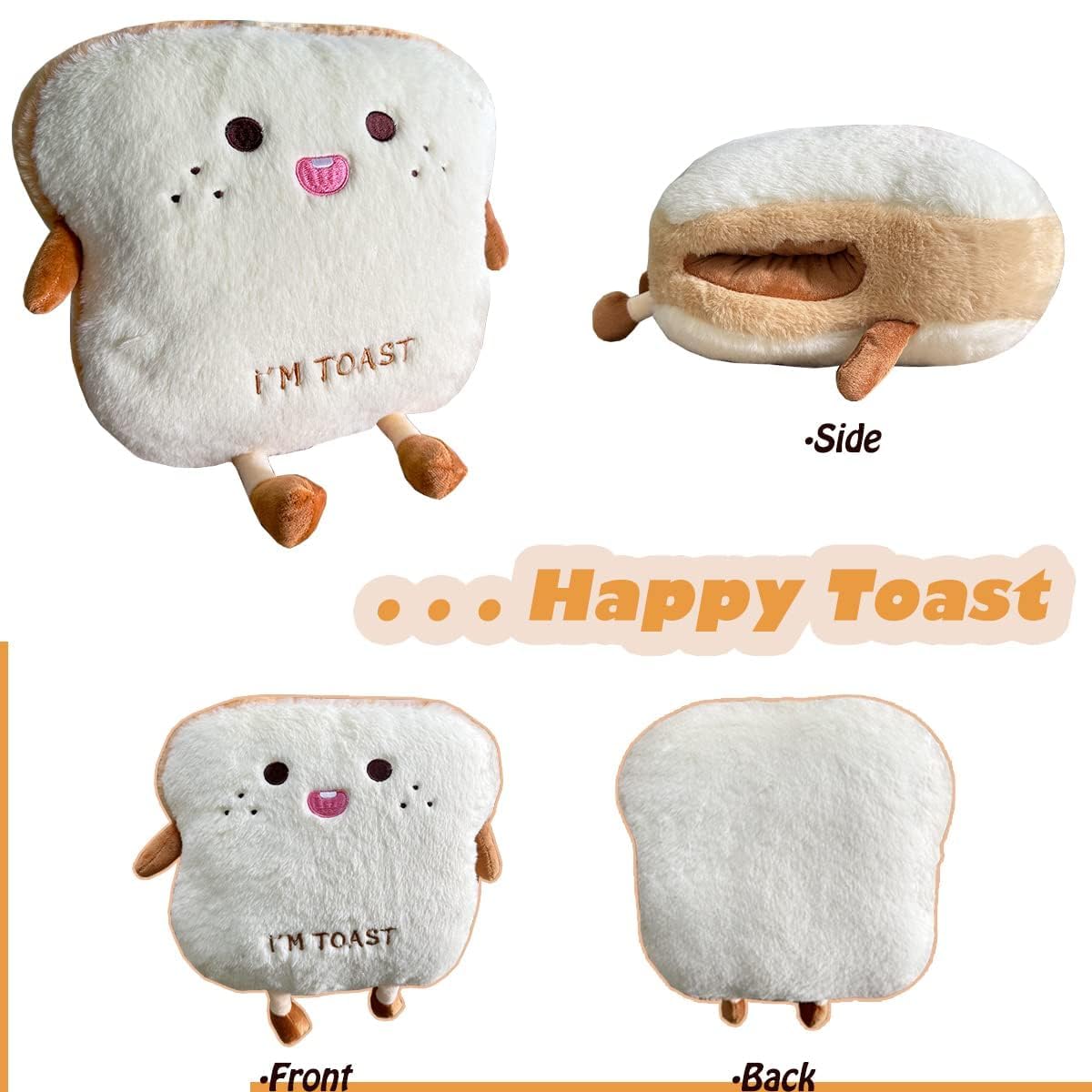 Goylmc Toast Bread Plush Pillow, Bread Stuffed Pillow,Food Plush Pillow with Hand Pocket Great Gift Choice for Kids Adults (15.7 * 13.7 in,Happy)