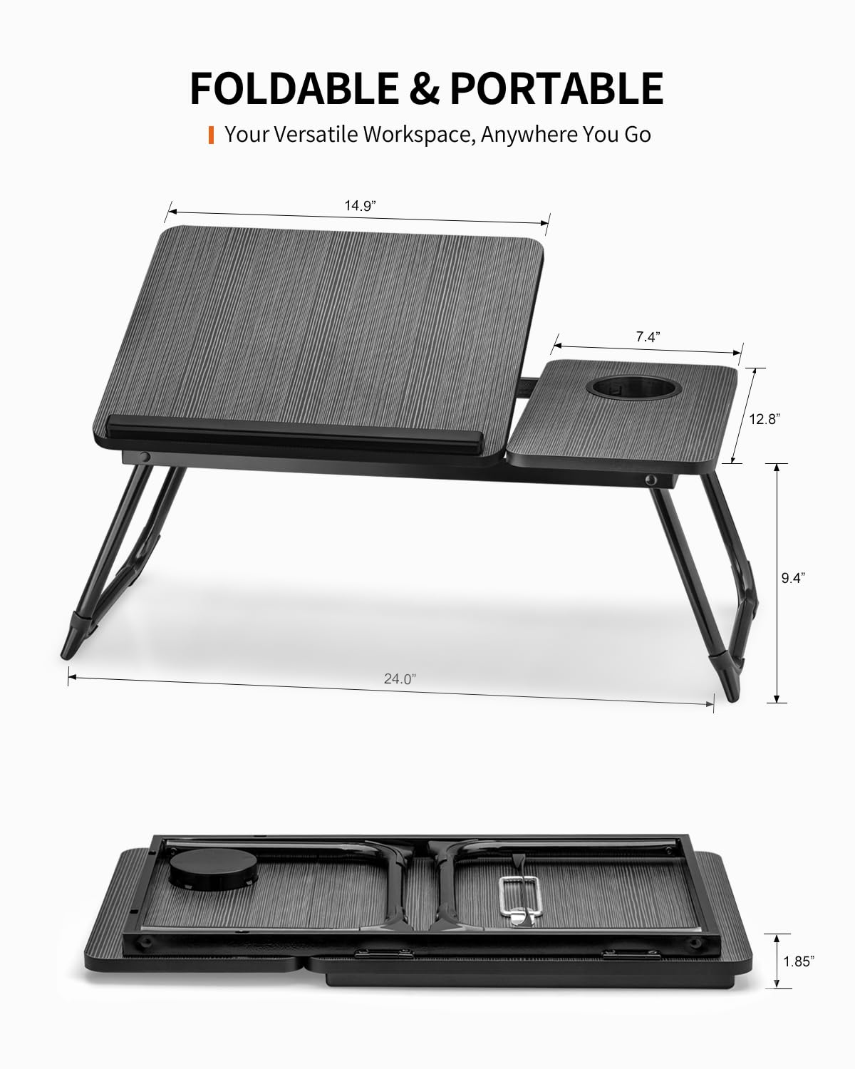 FISYOD Foldable Laptop Desk for Bed Couch, Adjustable Split Lap Desk with Cup Holder, Portable Lightweight Bed Table Tray, Heavy-Duty Laptop Stand for Working, Writing, Reading and Eating - Black