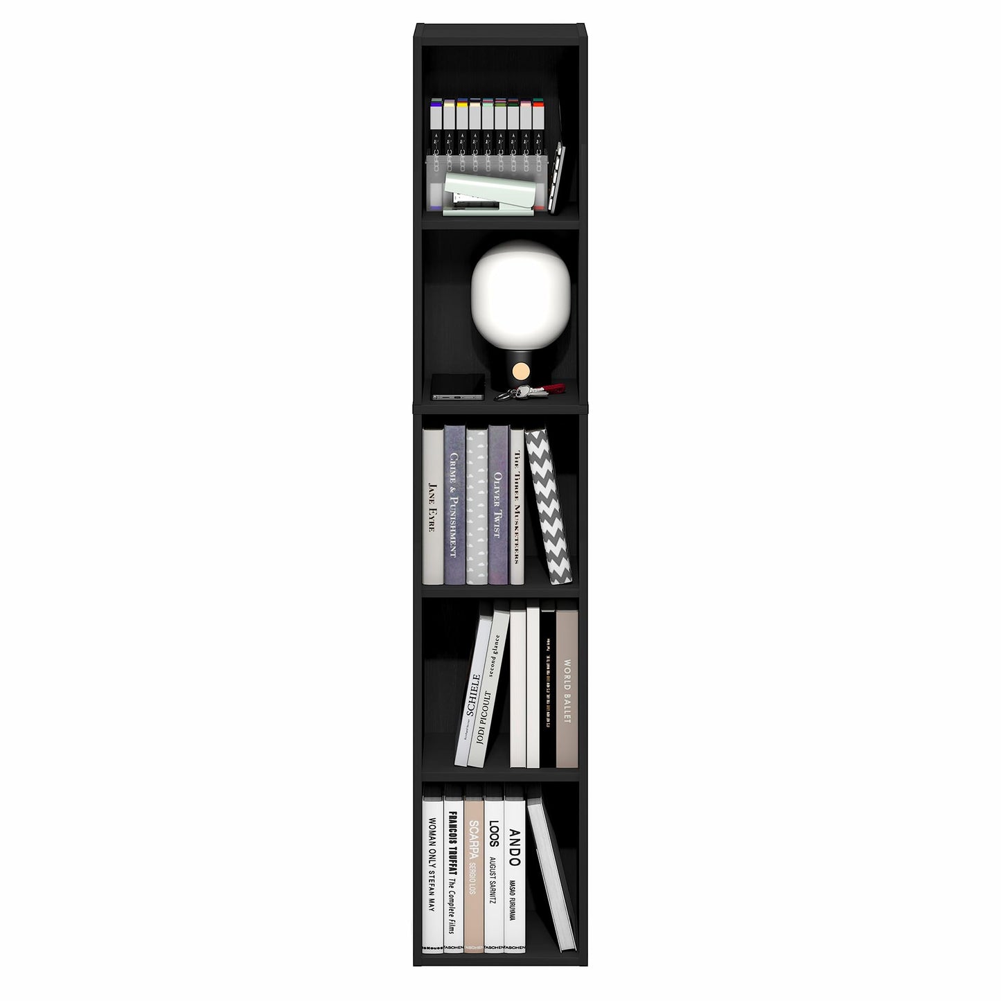 Furinno Fulda Book Shelf, 5-Tier Tall Narrow Bookshelf, Standing Bookcase with 10-in Width Storage Shelf, 9.3 x 9.8 x 51.9, for Organization Storage, for Living Room, Bedroom, Home Office, Blackwood