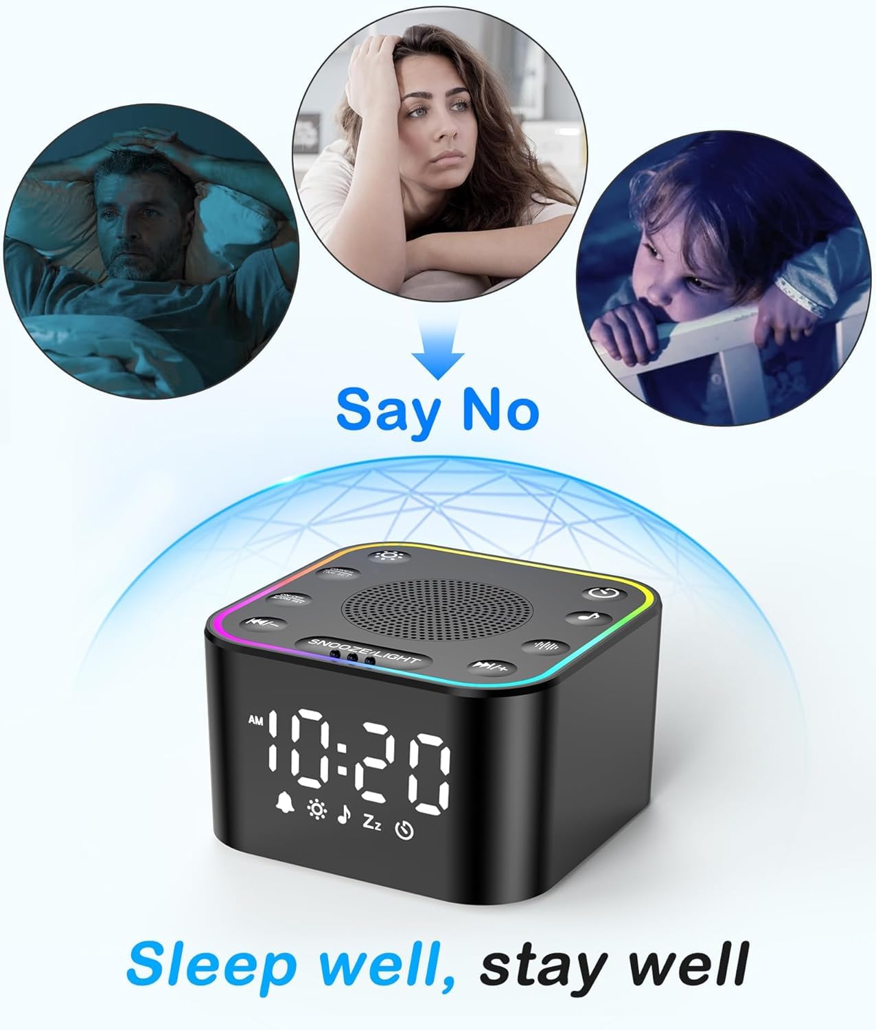 2-in-1 Sound Machine & Alarm Clock: 30 Non-Looping White Noise & Nature Sounds for Fall Asleep Faster, 7 Gentle Wake-Up Alarms - Compact 10oz for Bedroom, Baby Nursery & Travel