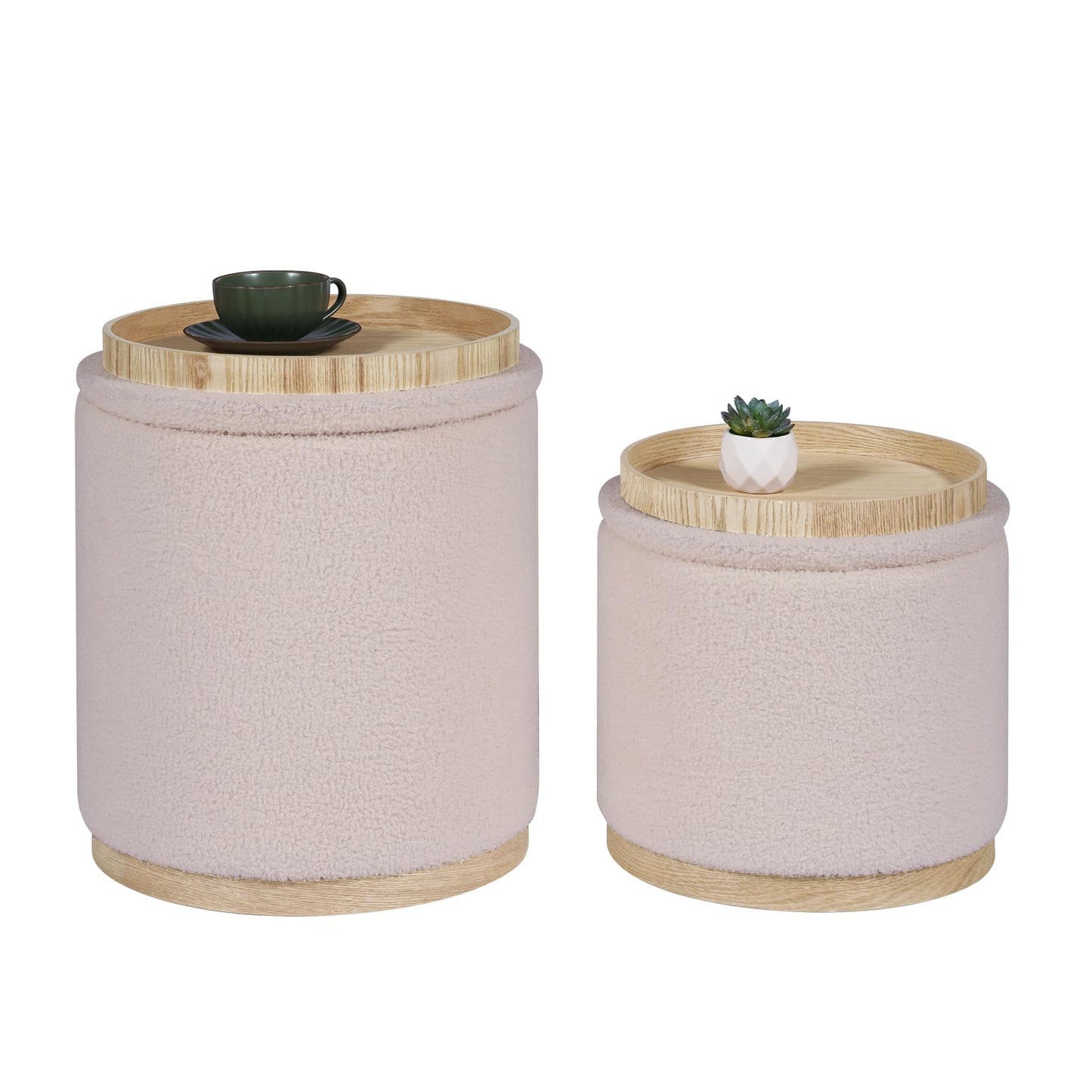PINPLUS Round Ottoman with Storage Set of 2, Vanity Stool with Storage, Small Ottoman with Tray Teddy Velvet Foot Rest Stool for Bedroom, Living Room, Dorm (Beige)