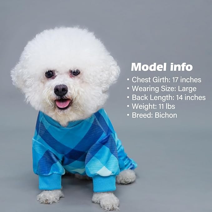 KYEESE Dog Pajamas Velvet Doggie Jammies Comfy Pet Clothes Lightweight Pjs Plaid Dog Pajamas for Small Dogs Boy Girl Soft Coat Stretchy Onesie,Blue, X-Large