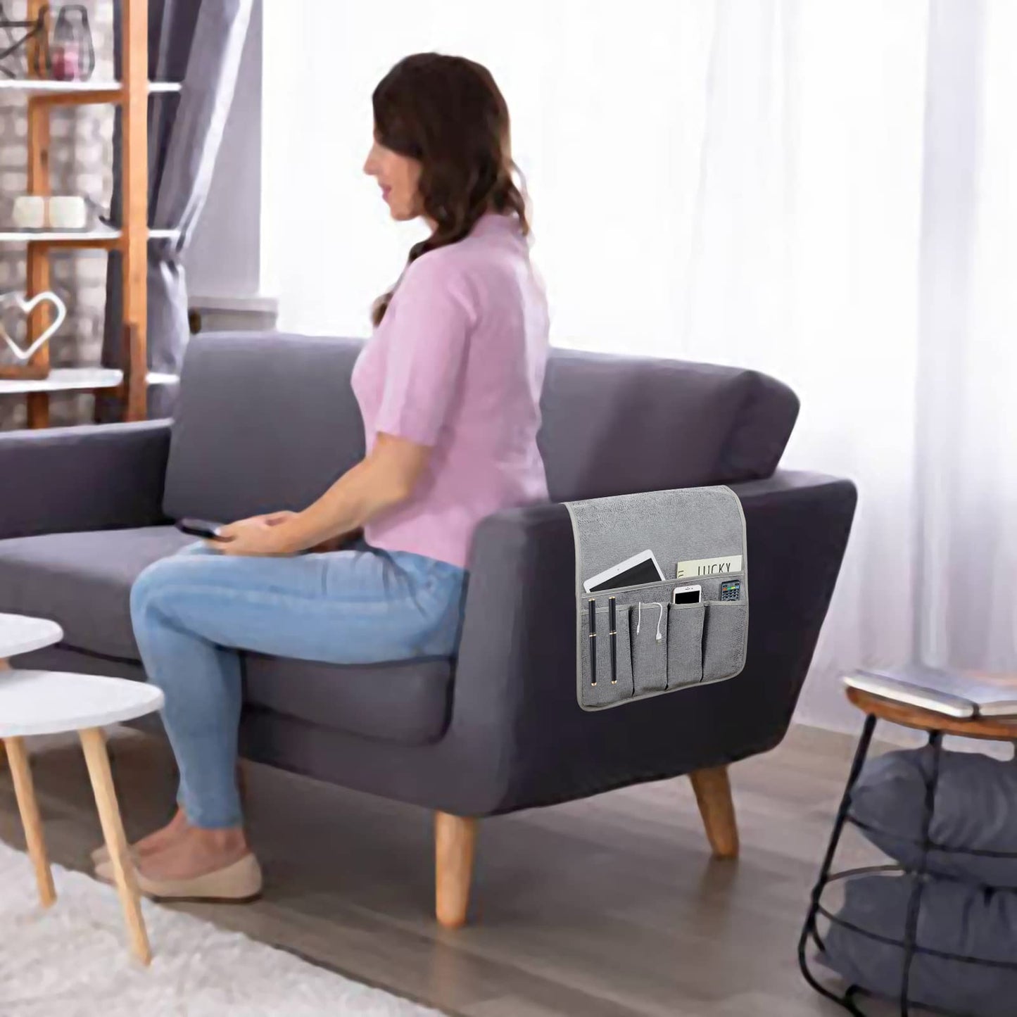 NB Sofa Armrest Organize Remote Holder Bedside Caddy Organizer with 5 Pockets，Non-Slip Couch Remote Control Holder Couch Armchair Caddy Accessories (Beige, 35"X12.4")