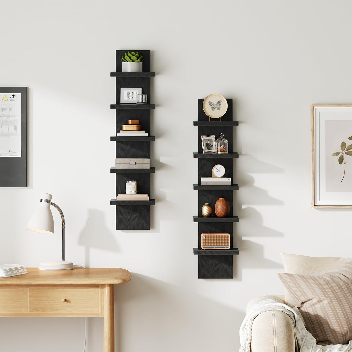 HOOBRO 5 Tier Wall Shelf Unit, 2 Pack Floating Shelves for Wall, Wall Mounted Shelves for Storage, Vertical Display Shelf, Organizer Tall Tower Design for Livingroom Bedroom Kitchen, Black BK18BJP201