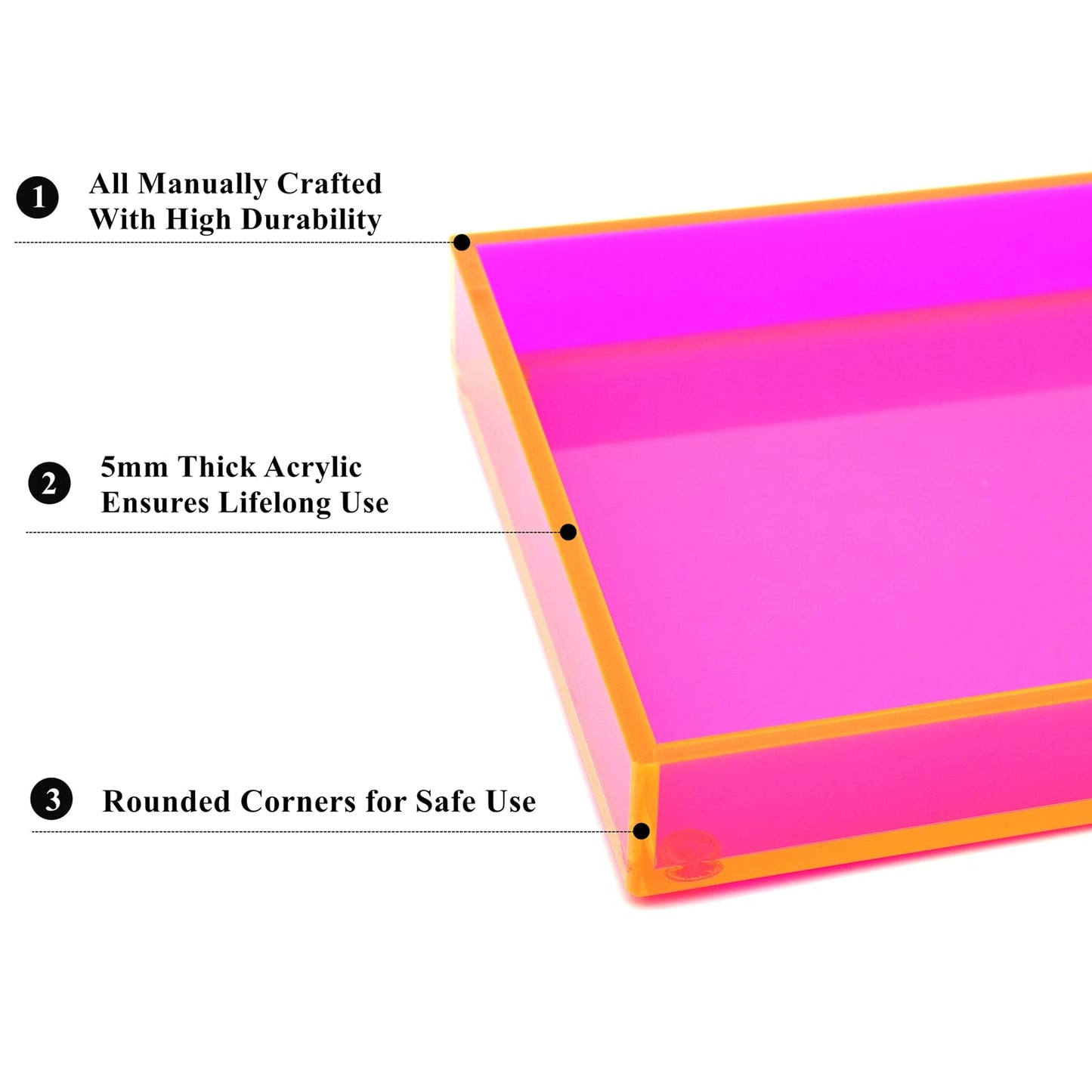Acrylic Tray for Vanity Makeup Perfume Jewelry 12x6'' Small Decorative Tray for Bathroom Dresser Tops Candle Sink Counter, Neon Pink