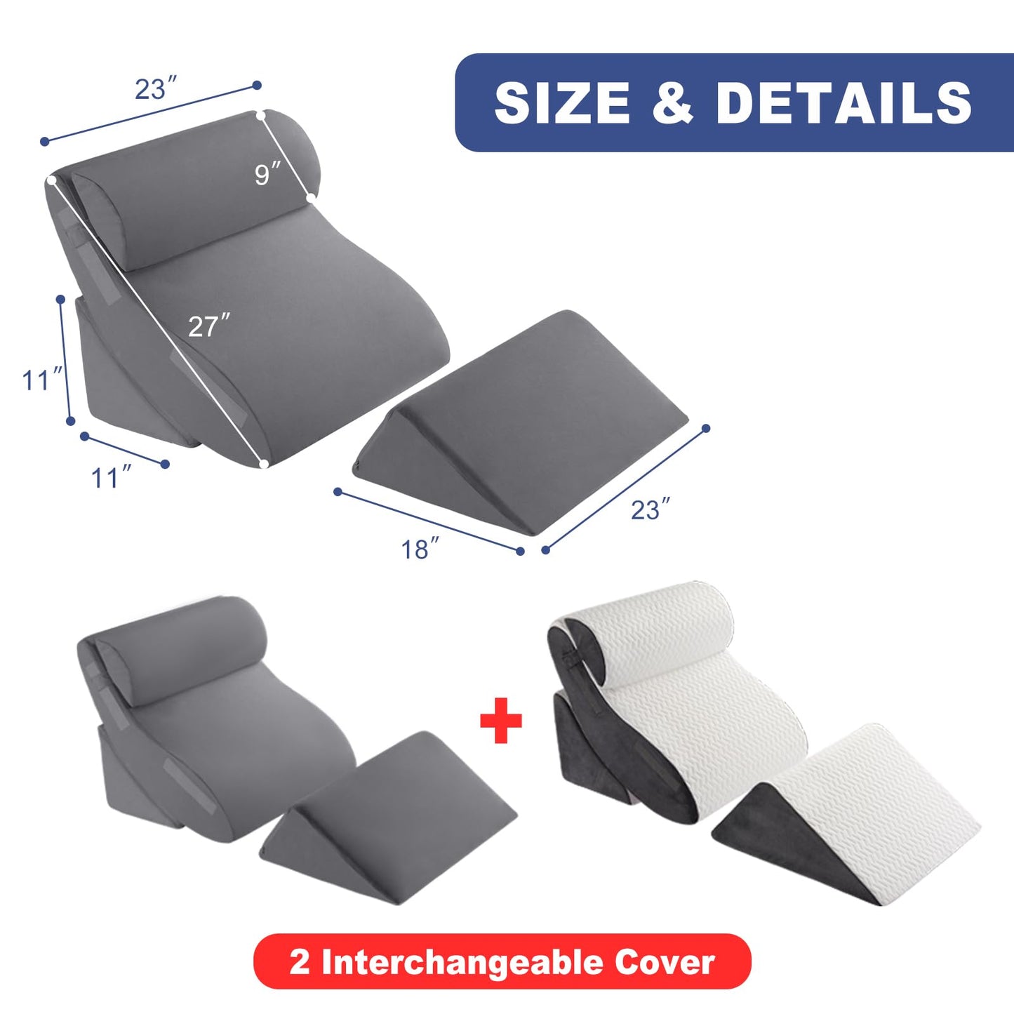 4PC Orthopedic Bed Wedge & BBL Surgery Pillow Set - Memory Foam Support for Buttocks/Back/Legs, Post Surgery Sleeping System with Adjustable Angles, Contains 2 Washable Pillowcases, Gray&White Grey