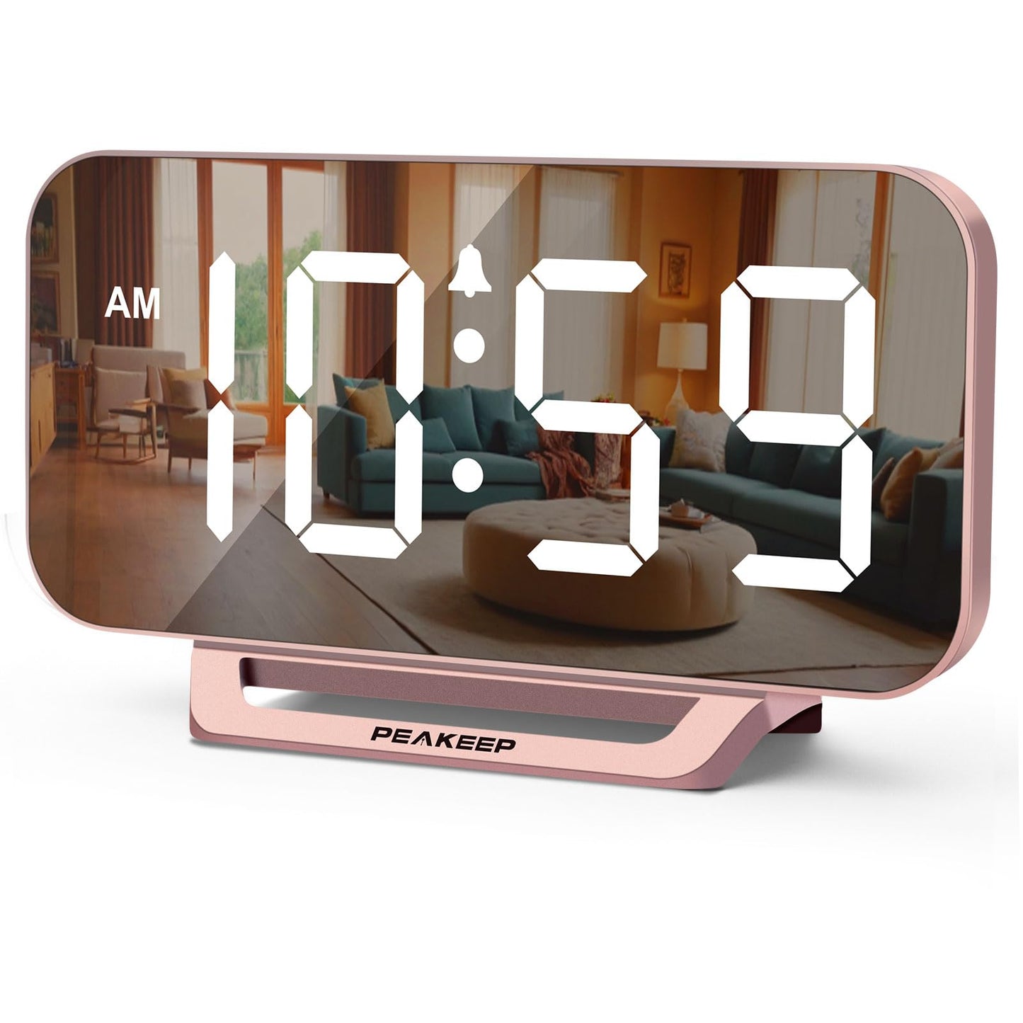 Peakeep Slim Digital Mirror Aesthetic Alarm Clock for Bedroom Living Decor, Plug in Electric Clock Big LED Modern Small Table Clock for Office Desk, Battery Backup, 6 Dimmers (Rose Gold)