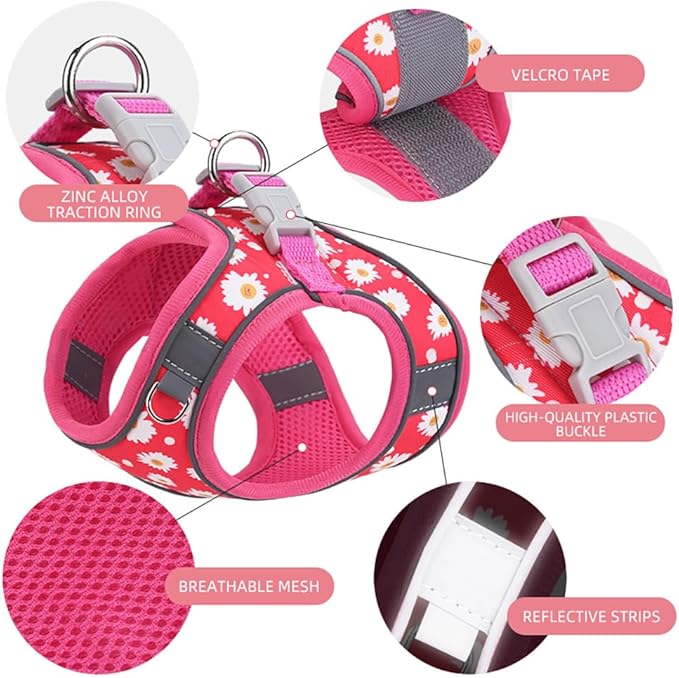 Step in Dog Harness and Leash Set, Flower Adjustable Easy Walk Puppy Harnesses, Soft Mesh Pet Vest Harness Small Size Dog Adjustable No Pull Dog Harness for Small Medium Dogs(Rose red, S)