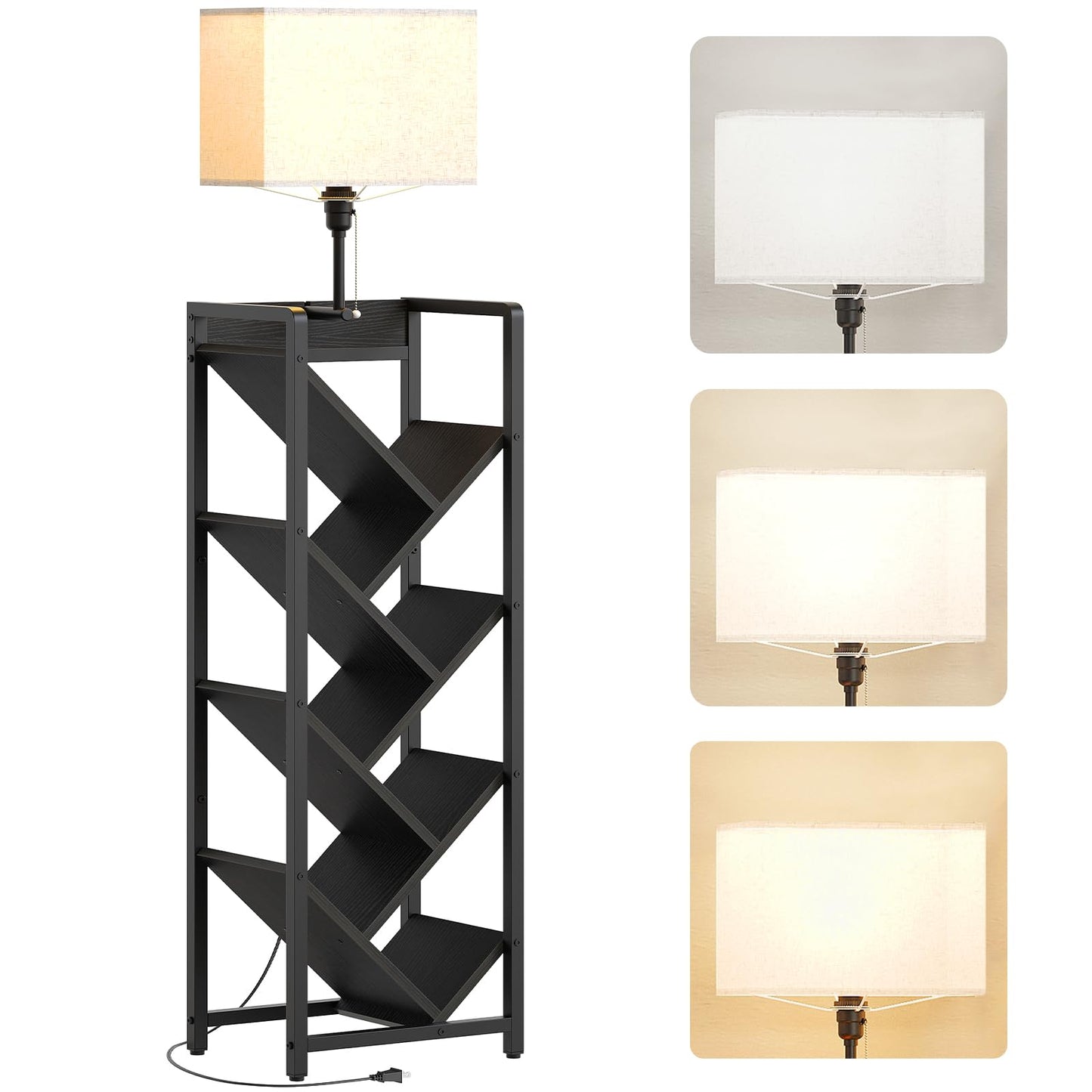 YATINEY Tree Bookshelf with Light, 6-Tier Book Shelf, Wooden Bookcase for Narrow Space, Floor Standing Tall Bookshelf, Modern Corner Display Shelf, Black SJ08DBB