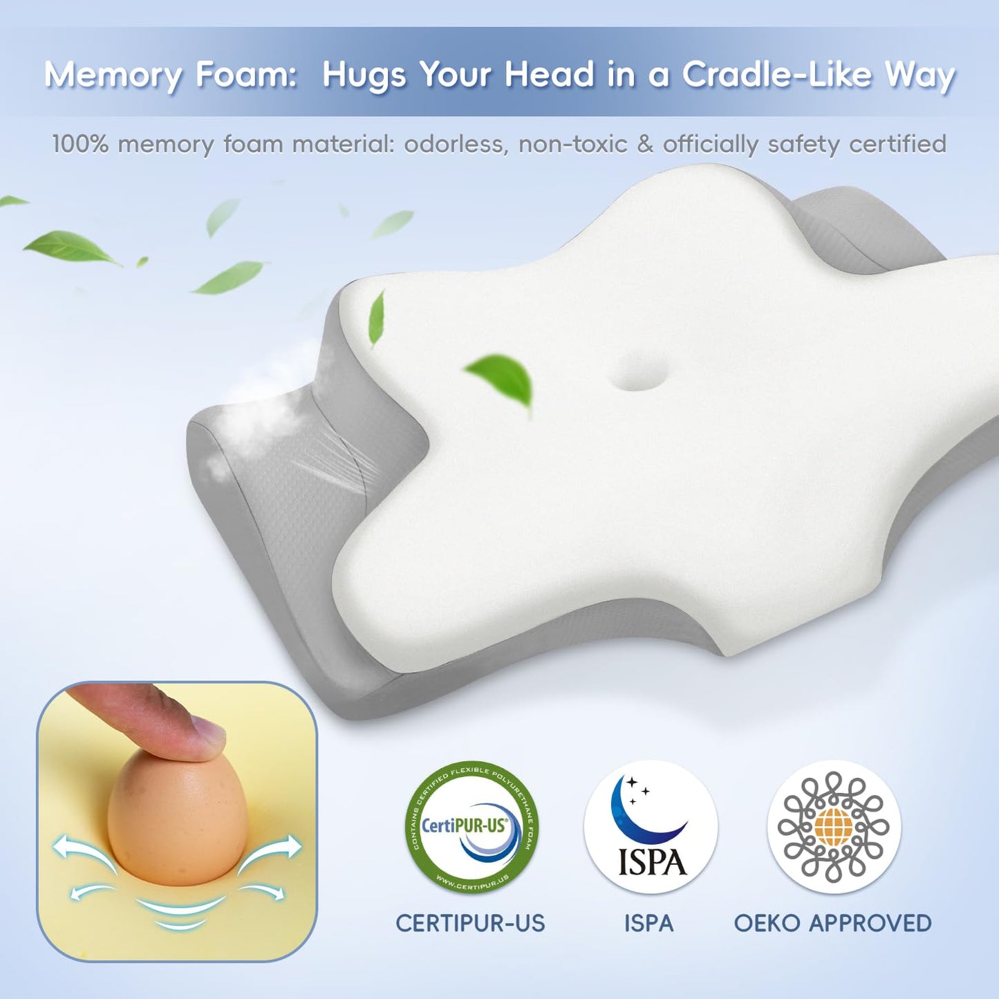 Missleep Cervical Neck Pillow, Memory Foam Pillows for Neck and Shoulder Pain Relief, 2 Heights Ergonomic Pillow with Breathable Ice Silk Cover, Neck Support Pillow for Side Sleepers White