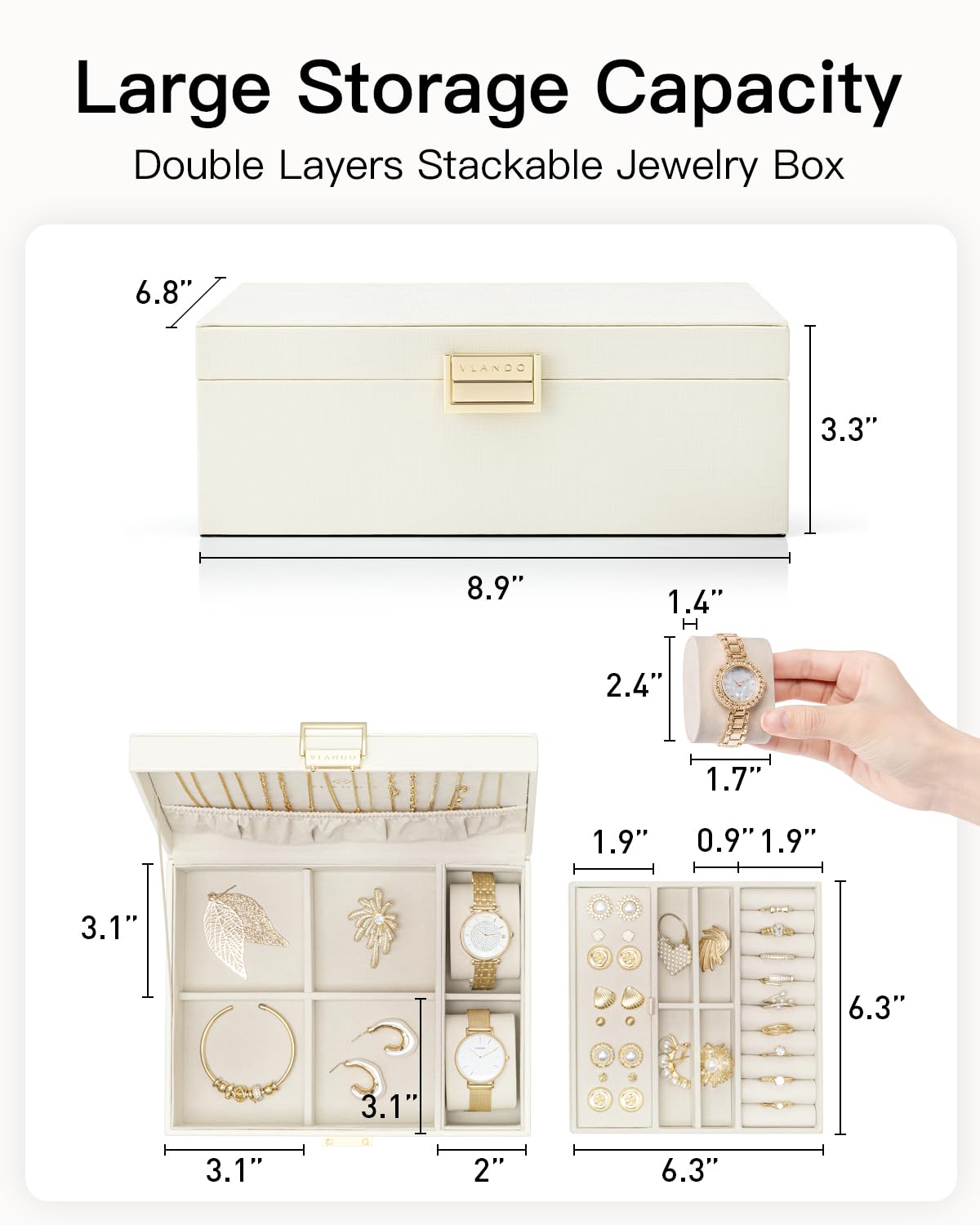 VLANDO Jewelry Organizer,2 Layer Jewelry Box Large Jewelry Organizer for Mothers Day Mom Gifts Women Removable Jewelery Tray with Watch Pillow for Necklace Earrings Rings Bracelets(Cream White)